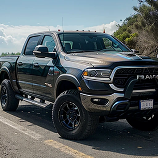 inagine una camioneta, pick up, doble cabina, marca, Dodge, Ram 2500, TX, 2024, color rojo con franjas color negro sobre el capot y techo, hiperreslista, en las playas de tucacas, estado Falcon, Venezuela, dia soleado, cielo azul despejado