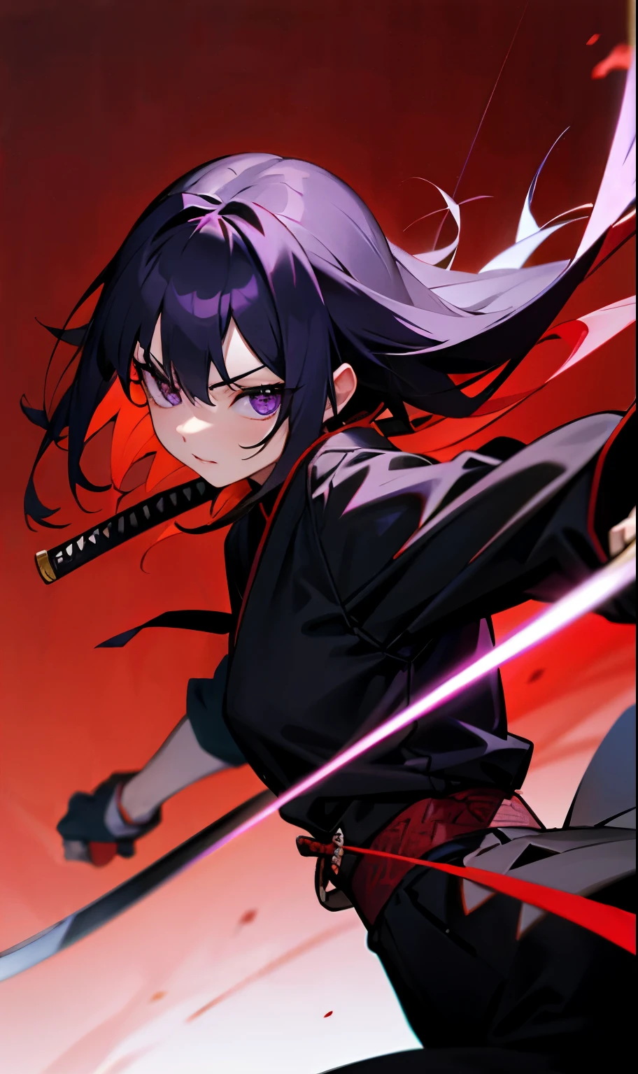black katana with red running through it with purple blade