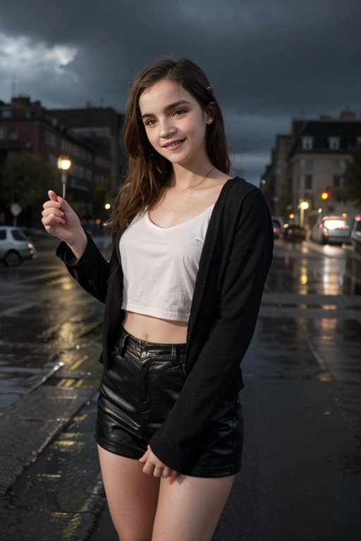 1 girl, photorealistic, realistic, ugly:1.3, Ingush woman. (((she has a sleek bob medium length short hair)))), wide forehead, Durdzuks facial feature, Durdzuks forehead, 30 year-old-woman, Let your face light up with a wide smile, crinkling your eyes at the corners and showing off your teeth. Radiate happiness and warmth, (((nudity))), (((she is fully naked))), (((she is looking at the camera smiling))), (((dynamic pose))), boobies, (((A woman stands on a rooftop. In the stillness of a rainy day, she stands seductively, wearing an open color yellow raincoat. Her naked body is exposed)))