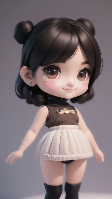 (masterpiece), (best quality), (super detailed), (full body: 1.2), 1 girl, chibi, cute, smile, colorless background, brown sleeveless high neck sweater, blush, straight hair, blurry, black hair, blush stickers, bangs, (beautiful detailed face), (beautiful detailed eyes), full body,