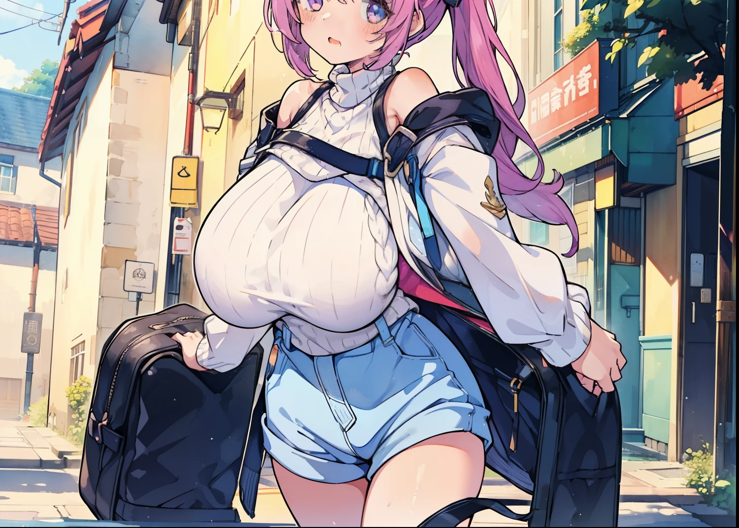 1 girl,(, short stature),animesque、Young and cute idol face、(Lorioppai)(Clothed big breasts , breasts,Mi Hot Pants)Double piece with hands raised (WatercolorPrivate Services, Shoulder Knitwear,Shoulders exposed、Back exposure) Huge breasts,