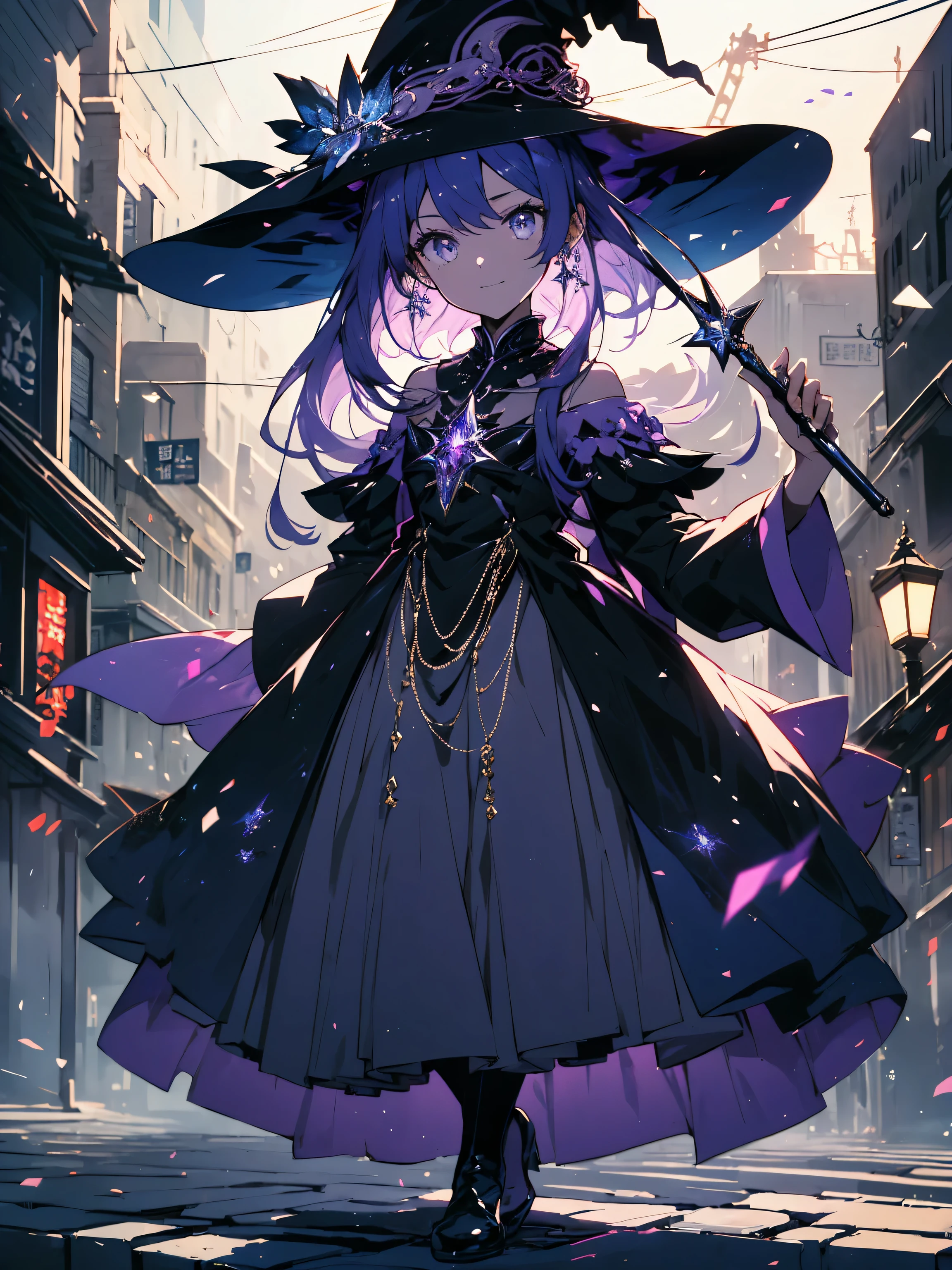 ((highest quality, 8K, masterpiece :1.3)),(Shining eyes、detailed beautiful face)、 (1 girl,witch)、 a beautiful smile, (Black witch long dress with blue rose decoration)、(black witch hat)、(wooden long magic wand、jewelry decoration)、full body, slim face, Beautiful woman, (dark blue-purple hair), full length dress :1.1, super detailed face, fine eyes, double eyelid, blur background, slim face, city, outside, A deserted street, City of night、London、beautiful anime