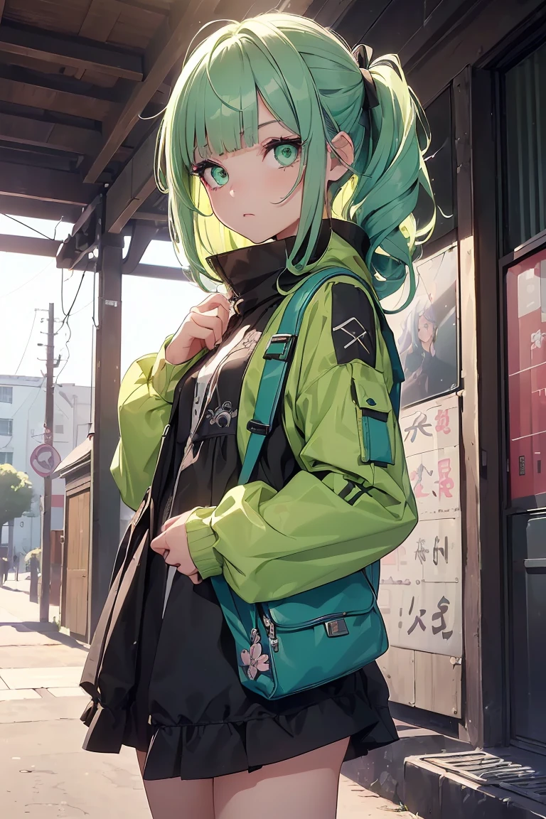 ((1 girl)), latest trend clothes, cowboy shot, Street fashion,cute costumes, small backpack,hair ornaments, one piece,black tights,((Super detailed,highest quality, High resolution, 8k wallpaper, beautiful clothes,)),((Small story、pastel colored hair, middle cut, side up,kind, ((asymmetrical bangs)) ,(light green eyes),eye shadow, eyeliner,Glow eye, highly detailed eyes, complicated eyes, beautiful eyes, 輝くlight green eyes、18 year old girl, five fingers
