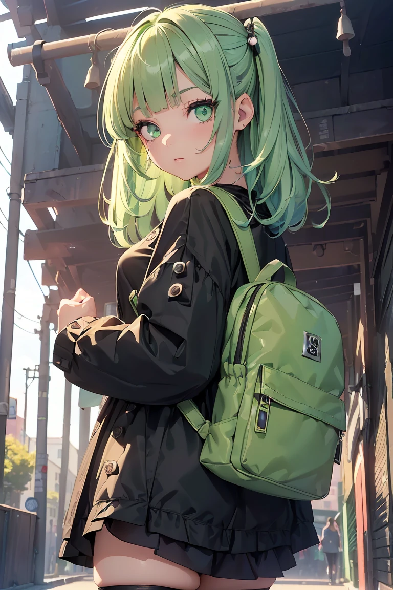 ((1 girl)), latest trend clothes, cowboy shot, Street fashion,cute costumes, small backpack,hair ornaments, one piece,black tights,((Super detailed,highest quality, High resolution, 8k wallpaper, beautiful clothes,)),((Small story、pastel colored hair, middle cut, side up,kind, ((asymmetrical bangs)) ,(light green eyes),eye shadow, eyeliner,Glow eye, highly detailed eyes, complicated eyes, beautiful eyes, 輝くlight green eyes、18 year old girl, five fingers