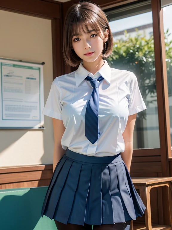 "8K, Best Quality, real picture, Intricate details, Ultra-detailed, 超A high resolution, Depth Field,(Photorealistic,Realistic:1.2),masutepiece, 0.25 :: close-up , straight-on shot , from miiddle , 1girl in, AI_chan, an extremely beautiful , Innocent big eyes, (brown_Short_hair), (Green_Eyes:1.0),(Bangs),disheveled hair,(hair clips), perfect glossy skin, flawless skin, Fair skin, Huge breasts, cleavagow waist,lush, Solo, Looking at Viewer, lightsmile, chubby under the clothes, Sweat, Wearing ((School_uniform), (white_Skirt),(Blue_long_tie), (Blue_pleats_Skirt), (Black_pantyhose) :1.2), (Gravure Pose), Sunset , High School in Japan 、Nogizaka Idol、korean idol"