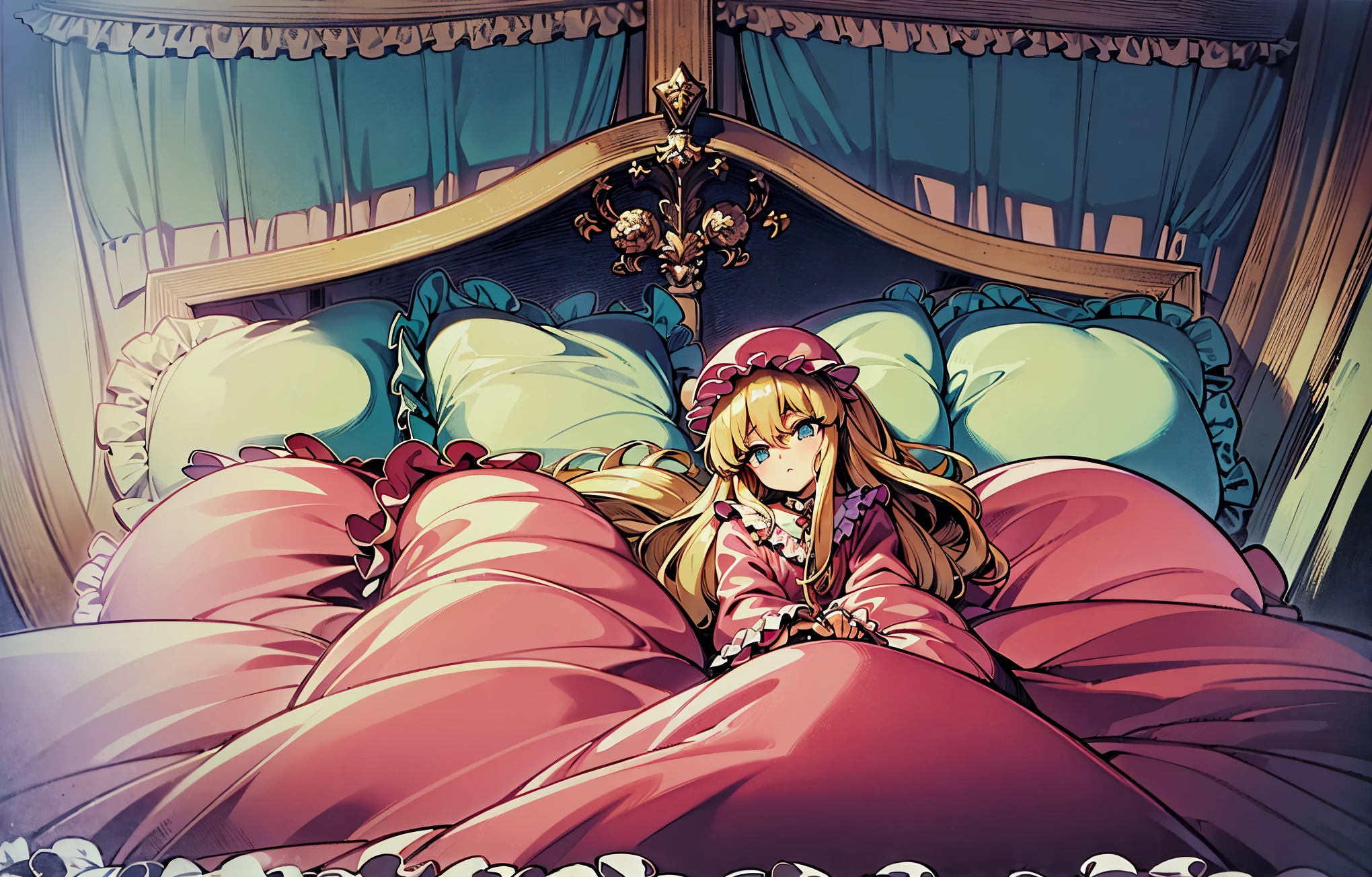 ,highest quality, masterpiece, highest resolution, artwork, super それにget used to it, many get used to it, get used to it, それにget used to it, 3K 90s anime illustration,(( 10 year old girl)),Super detailed baby face,high quality small face,long blonde hair that grows to the waist,blue eyes,白い肌のeuropean,pajamas, european,(((super long blonde hair))),curly hair,blue eyes,((((ピンクのロリータファッションのlong skirtのワンピースドレス)))),((Pink nightgown with lots of frills and ribbons)),((Luxurious nightcap with frills and ribbons)),detailed headdress,,(((big yoke collar))),Yoke collar with ruffles and ribbons,((((long sleeve)))),ruffle sleeves,((((long skirt)))),white ruffle and lace socks,large frill and ribbon pillow,(((Nice pink outfit))),豪華なcanopy bedの上,canopy bed,The bed is surrounded by luxurious curtains,many frilly pillows on the bed,There are many frilly pillows behind the girl.,super detailed background,detailed bed,soft pink comforter,Highly detailed soft ruffle pillow,Beautiful girl illustration,detailed beautiful face,thin hair,detailed eye ,detailed eyes,detailed mouth, arm details,fine hands,Detailed pillow,wide bed,Illustration on the bed, ,((((round futon)))),((((A large ruffled futon that covers the entire bed)))),detailed comforter,detailed bedシーツ,Before bedtime,romantic atmosphere,palace bedroom,((((The lower half of my body is completely wrapped in a large fluffy futon.)))) The girl is leaning on a pile of pillows, ,((((round futon)))),((((A large ruffled futon that covers the entire bed)))),