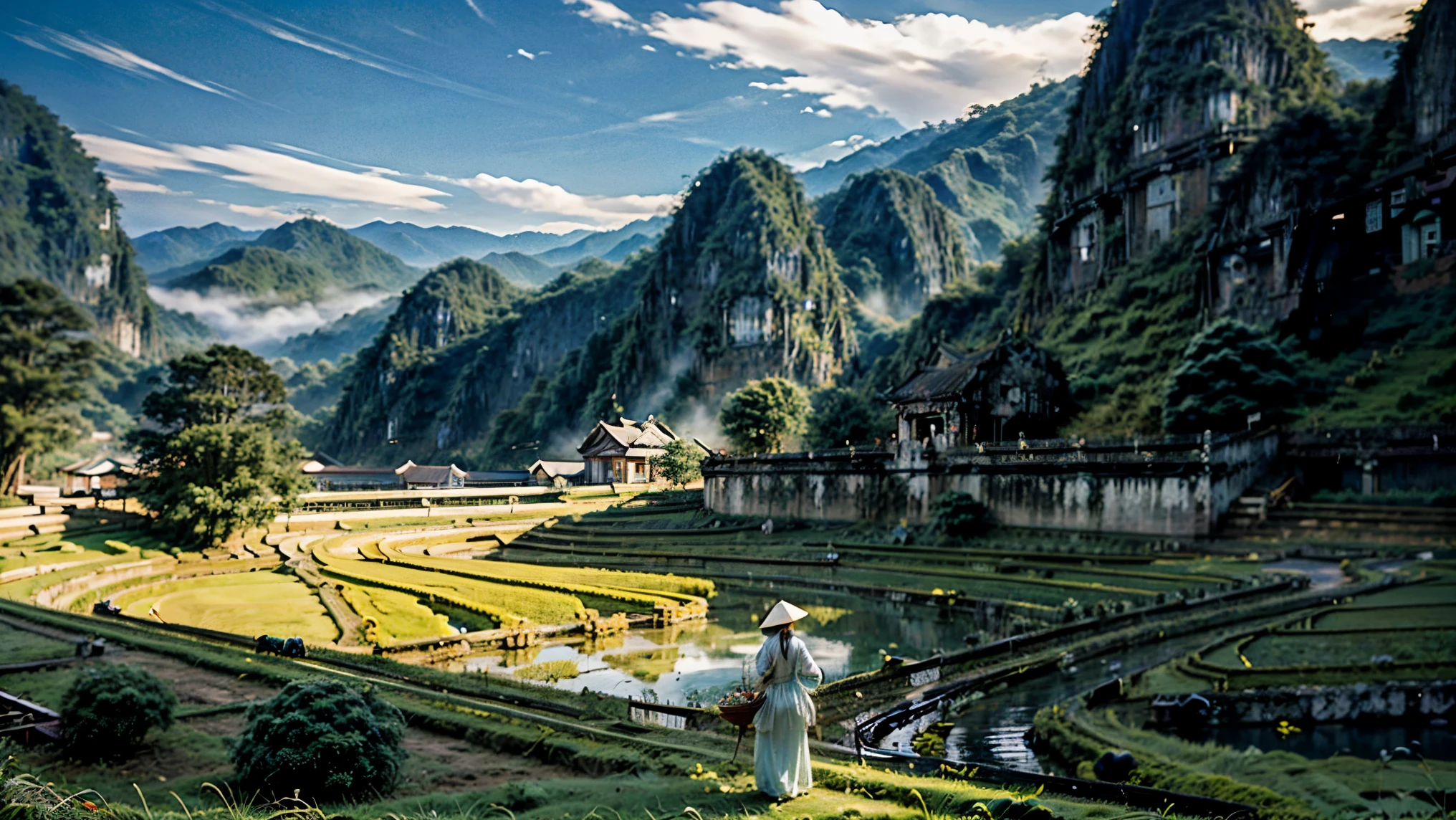 ((A beautiful picture depicting a Vietnamese hometown)), The focus of the scene is on a field with steps leading up to a staircase. In the field, there are Vietnamese farmers working diligently. The atmosphere is filled with the warm glow of beautiful sunshine, creating a cinematic lighting effect. The image is captured using a Sony FE GM lens, which ensures high-quality visuals. The composition of the image is a wide shot, showcasing the vastness and beauty of the landscape. capturing the essence of everyday life. The level of detail in this artwork is exceptionally high, allowing for a realistic and immersive experience. The color palette is vibrant and vivid, enhancing the visual impact. (Asia), ((Vietnam)), ((Vietnam's traditional Ao Dai)), (beautiful Vietnamese women), water buffaloes, ((rice farm)), great mountains
