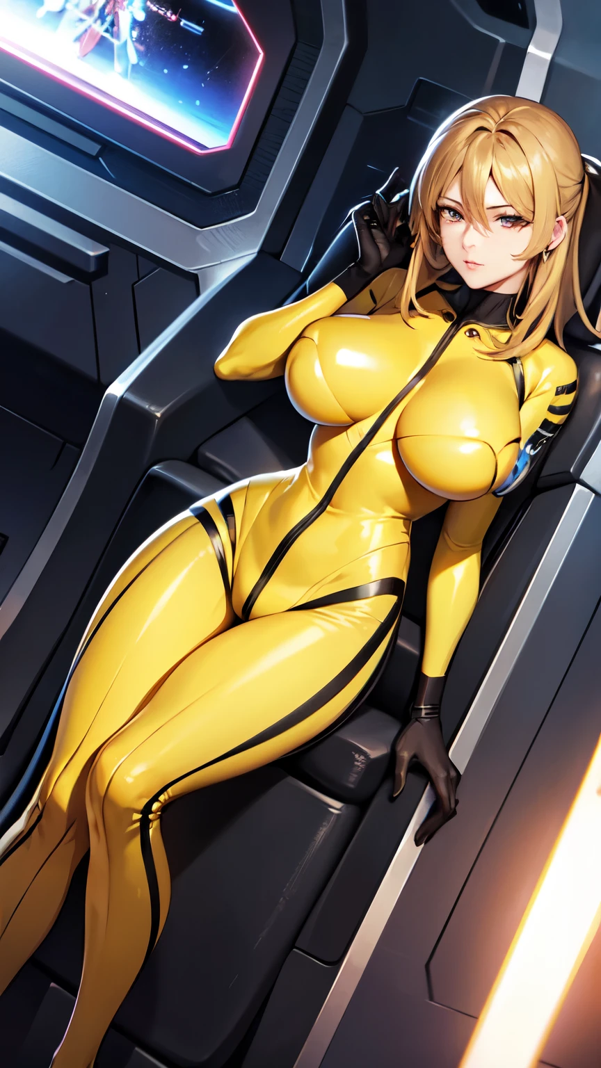 Milf, woman in a futuristic suit, highly detailed face, cool, mom, tomboy, very large breast, (Milf), mature face, (mature female), cybersuit, anime girl wearing tight suit, milfication, Elegant body, navel focus, naked body, gloves, earrings, science fiction, female protagonist, standing, volumetric light, detailed lighting, detailed textures, oppai cyberpunk, biomechanical oppai, masterpiece, best quality eyes, sci-fi background, futuristic landscape, (((yellow body suit)))