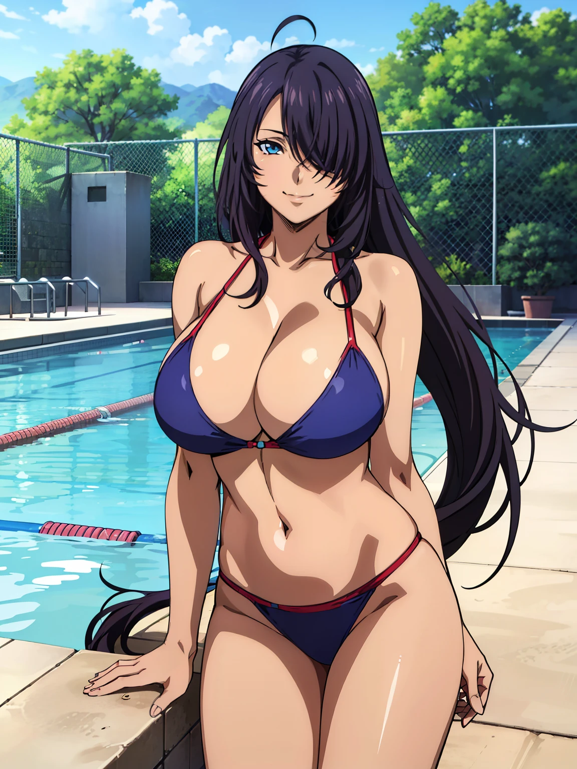 swimming suit, swimming pool outdoor background, kanu unchou, anime cels style, best quality, high resolution, 1girl, (huge breasts:1.2), beautiful face, pony tail hair, black hair, long hair, ((hair over one eye)), blue eye, cowboy shot, smiling