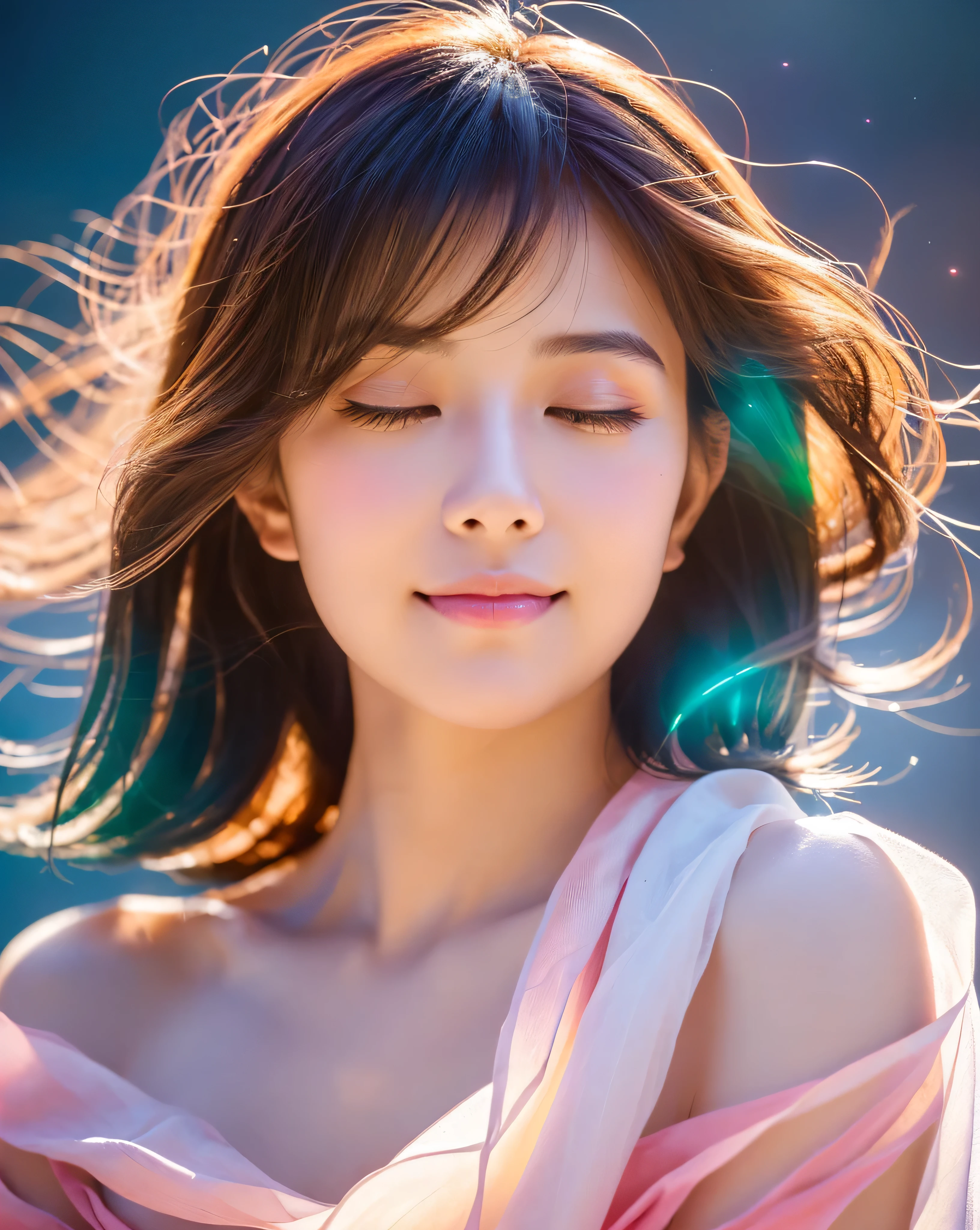 (highest quality, 32k, High resolution, masterpiece:1.5,), Haunting fantasy portrait in abstract style, ((In a swirl of fantastic pastel colors and soft light)), Evoking a sense of soothing tranquility and elusive beauty, Award-winning masterpiece with amazing details, cute japanese woman, perfect human anatomy, big magical eyes, fleeting smile, ((shiny and detailed red hair)), Long straight hair tousled by the wind, Beautiful asymmetrical bangs, hair between eyes, smooth and soft skin, thin eyebrows, clear double eyelids, pale pink lips, ((Wrap your body in a transparent silk cloth)), High resolution perfect clavicle, Beautiful chest in high resolution, Slender body with plump breasts, ((Colorful sparkling light effects:1.3)), Sea of night, full moon, Moonlit, professional lighting, professional photographer, Professional models,mysterious