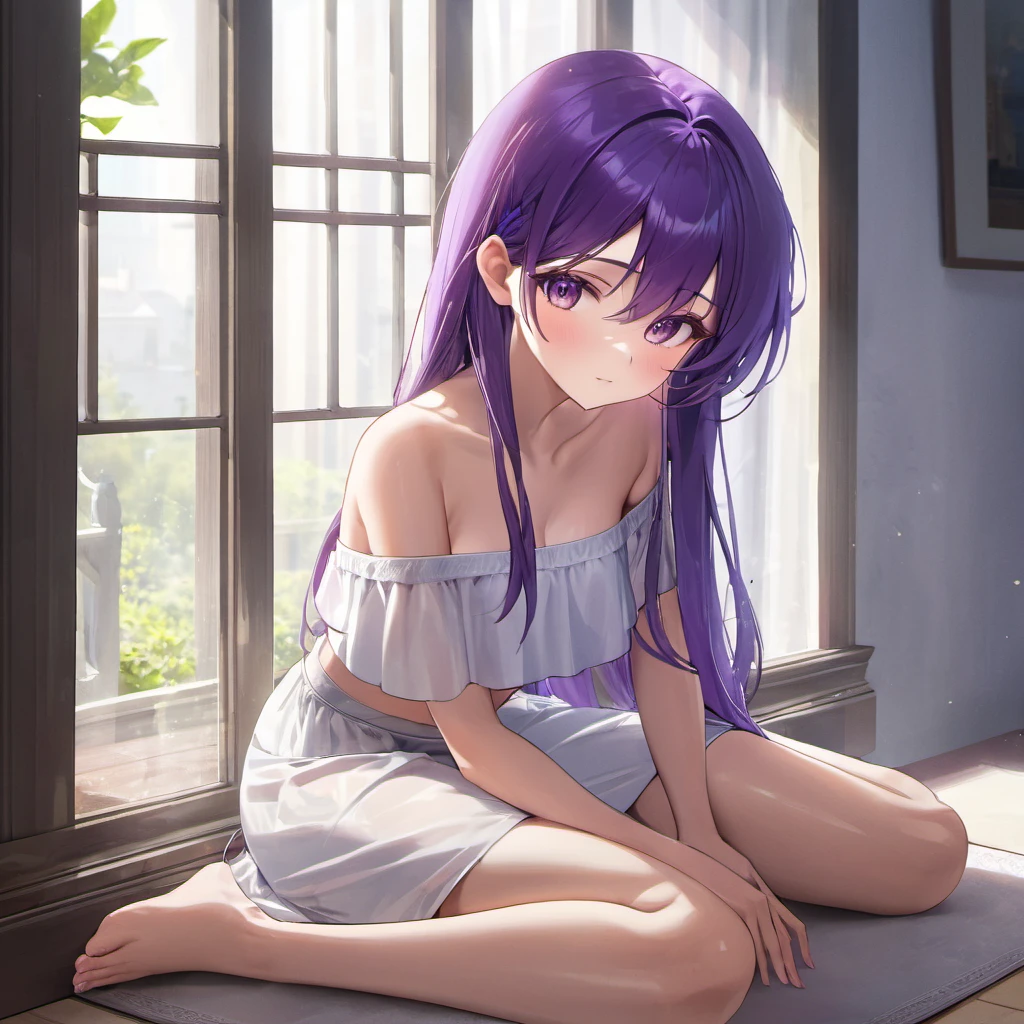 Masterpiece, 4k quality, Improved quality, High quality, Good anatomy, Well-formed hands, Healthy body, Intact fingers, Normal digits, perfect body, sit on window, open window, one girl, look to outside, beautiful, shoulder length hair, off shoulder white Bandeau Dress: 1.1, purple hair