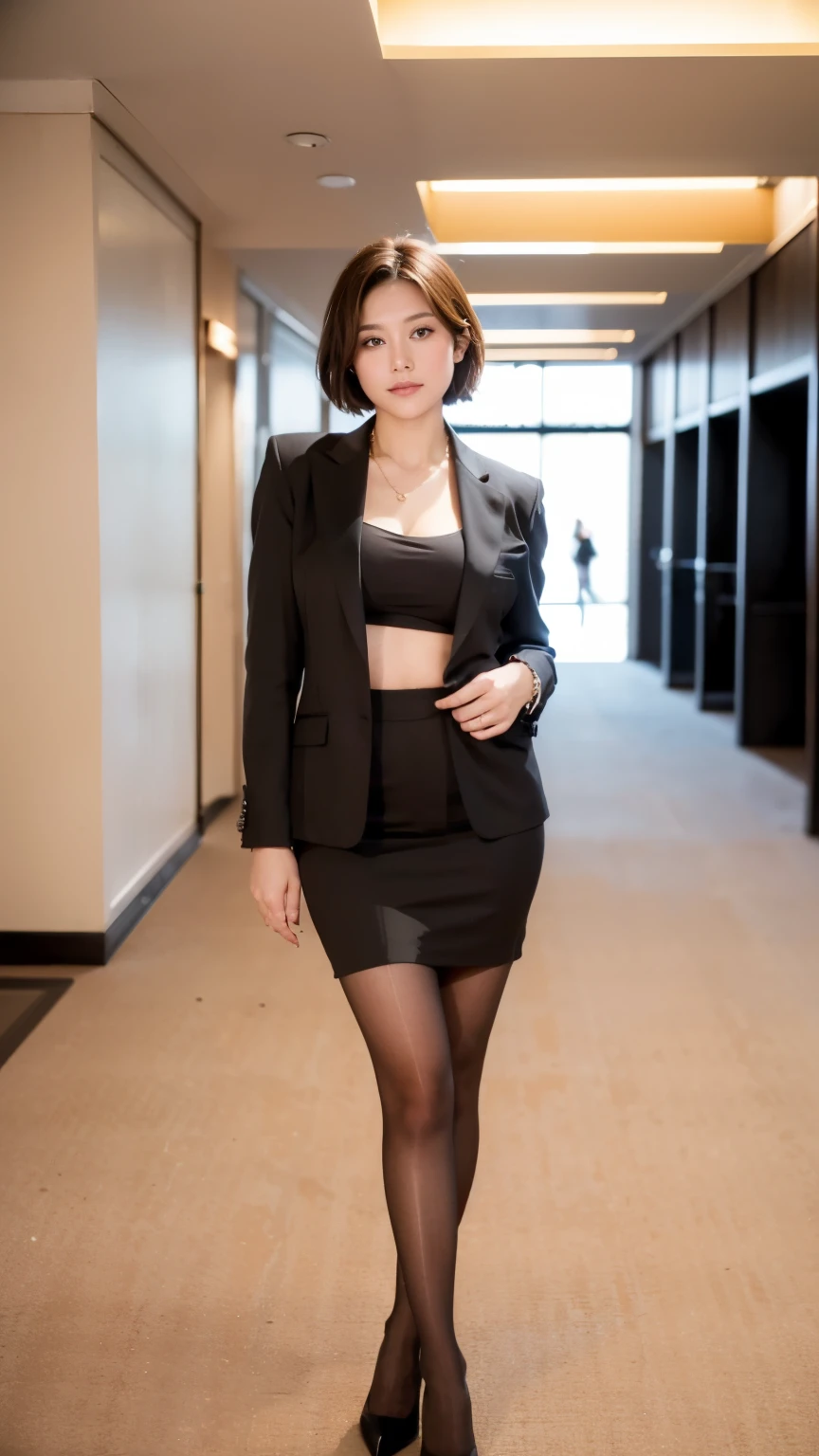 (Raw photo:1.2), (realistic:1.4),beautiful detailed woman,非常にfine eyesと顔, fine eyes, Super detailed,High resolution, very detailed,highest quality,enlightenment,unified,8k wallpaper,masterpiece,highest quality,1 female,alone,rich,Full body Esbian,(Slightly chubby body type:1.1),(toned body shape),There'leg meat,slim waist,alone,(black orthodox business suit:1.4)、(black tight skirt:1.4),(beige stockings:1.2)、(black high heels:1.4)、jewelry necklace short hair,black eye,realistic, (Large lobby of modern office building:1.4)、(Raising both hands and yelling:1.8)、(Are standing:1.2)
