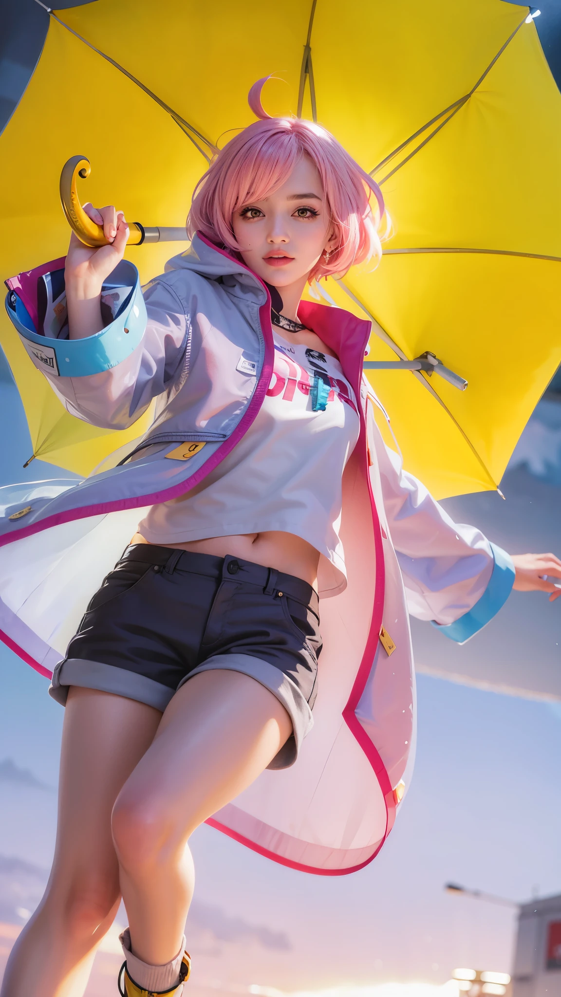 girl with pink hair holding a umbrella, red lips glossy, 8k, ultra hd, ultra detailed texture, hyper realistic, masterpiece, detailed texture, detailed face, detailed skin, detailed lighting, (photorealistic:1.5), best quality, beautiful lighting, cinematic lighting, professional lighting, ultra highres, realistic, detailed hair, real hair, high quality, (realskin:1.5), extremely detailed, finely detail, ultra-detailed, smile, pink eyes