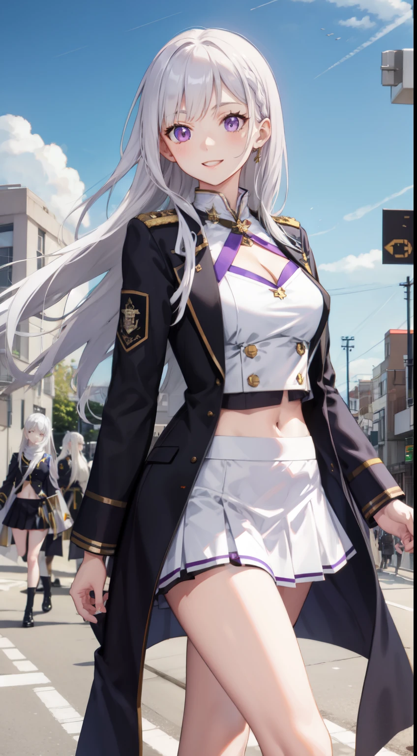 slim legs, cleavage, short skirt, navel, purple eyes, thigh high socks, stand, White hair, long hair, short skirt, happy, military uniform, field