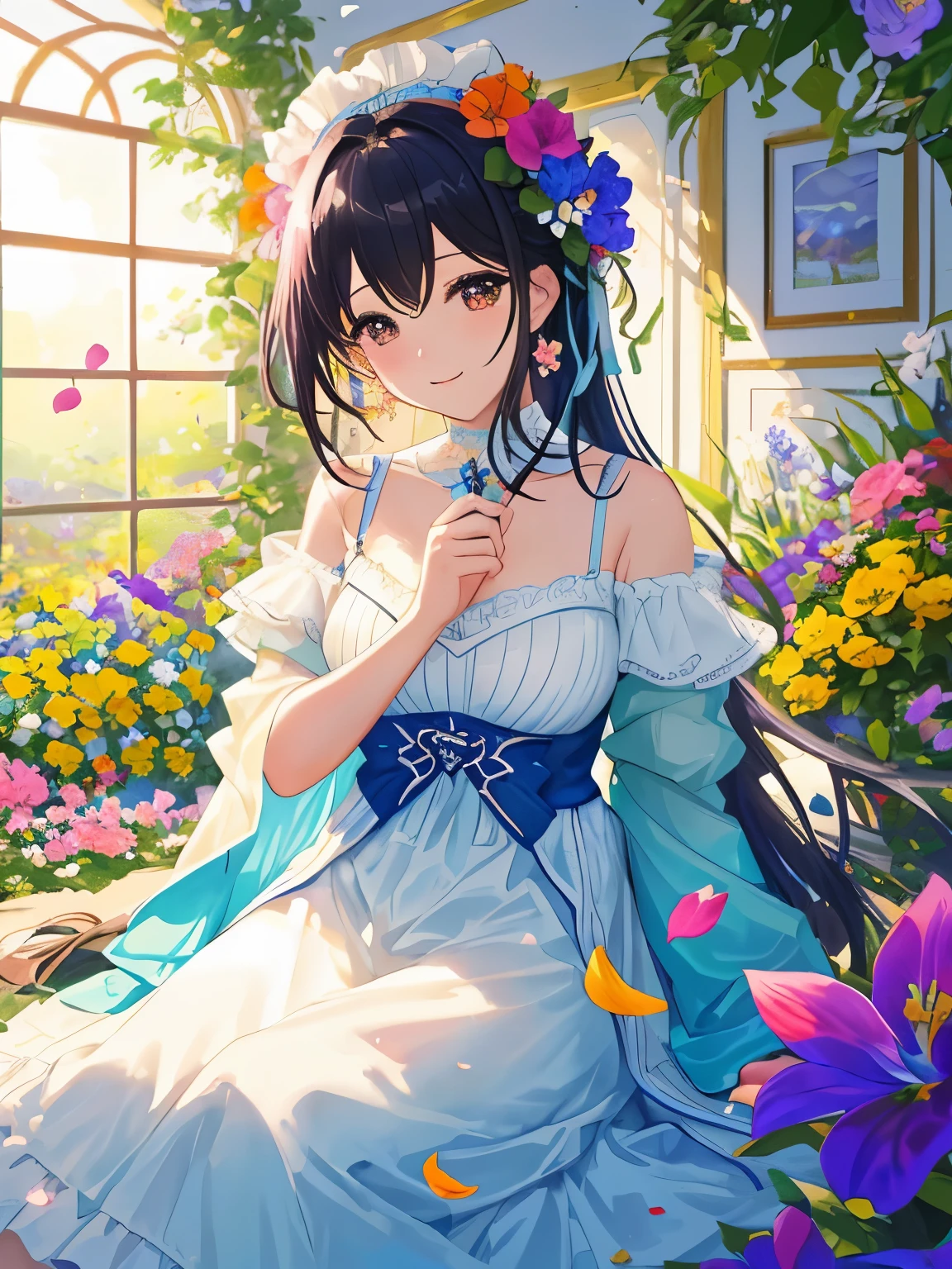 This vibrant scene is a lush garden overflowing with a variety of flowers, each petal exhibiting a vivid hue that ranges from deep blues and purples to bright oranges and pinks. The flowers are in full bloom, creating a rich tapestry of colors that seem to glow from within. The composition is dense and abundant, with each flower’s unique texture adding to the overall depth of the image. The lighting suggests a warm, sunny atmosphere, casting soft shadows and highlighting the petals’ delicate details.