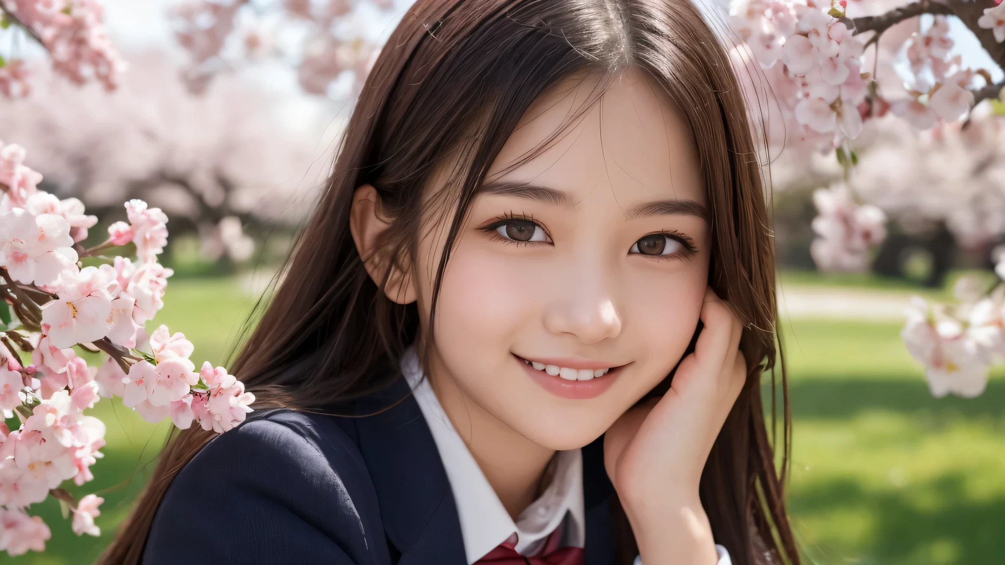 (1girl), (17yo), (young face:1.2), shy smile, (Best Quality:1.4), (Ultra-detailed), (extremely detailed beautiful face), Amazing face and eyes, brown eyes, (highly detailed Beautiful face), (high school uniform:1.2), (extremely detailed CG unified 8k wallpaper), Highly detailed, High-definition raw color photos, Professional Photography, Realistic portrait, Extremely high resolution, cute smiling, Cherry blossom trees,