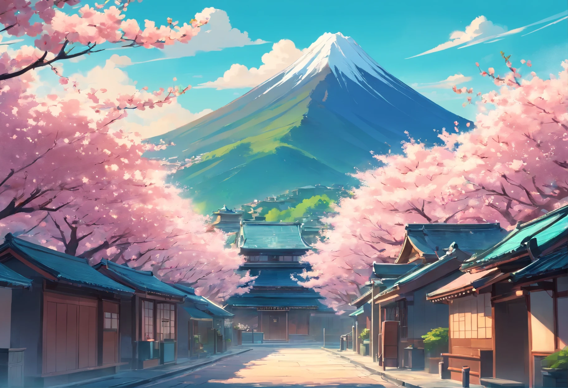 a poster with japanese buildings and a mountain in the background, in the style of light teal and dark pink, traditional animation, travel, layered images, traditional, vintage imagery, cherry blossoms