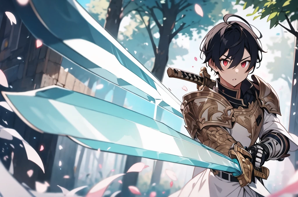 black haired,1 boy,very detailed, high quality,masterpiece, 最high quality, For rental,intricate details, extreme details, 4k,disorganized,Detail view,High resolution, anime screenshot, fantasy, knight,paladin,gorgeous detailed armored dress, gauntlet, capelet, greaves,breastplate,pauldron, cuff, full armor, jewelry, meanwhile, sunrise stance, (with a sword:1.3), hold a weapon, sacred aura,holy long shining sword,particles of light, dark red eyes, translucent hair, bangs, short hair, shaggy hair,,alone, thin,parted lips, tsurime, long eyelashes, compensate,eye shadow, Severe, Petals fluttering in the air, zoom out,wide shot, Depth of the bounds written ,moving line, outdoor,city,forest, looking at something else