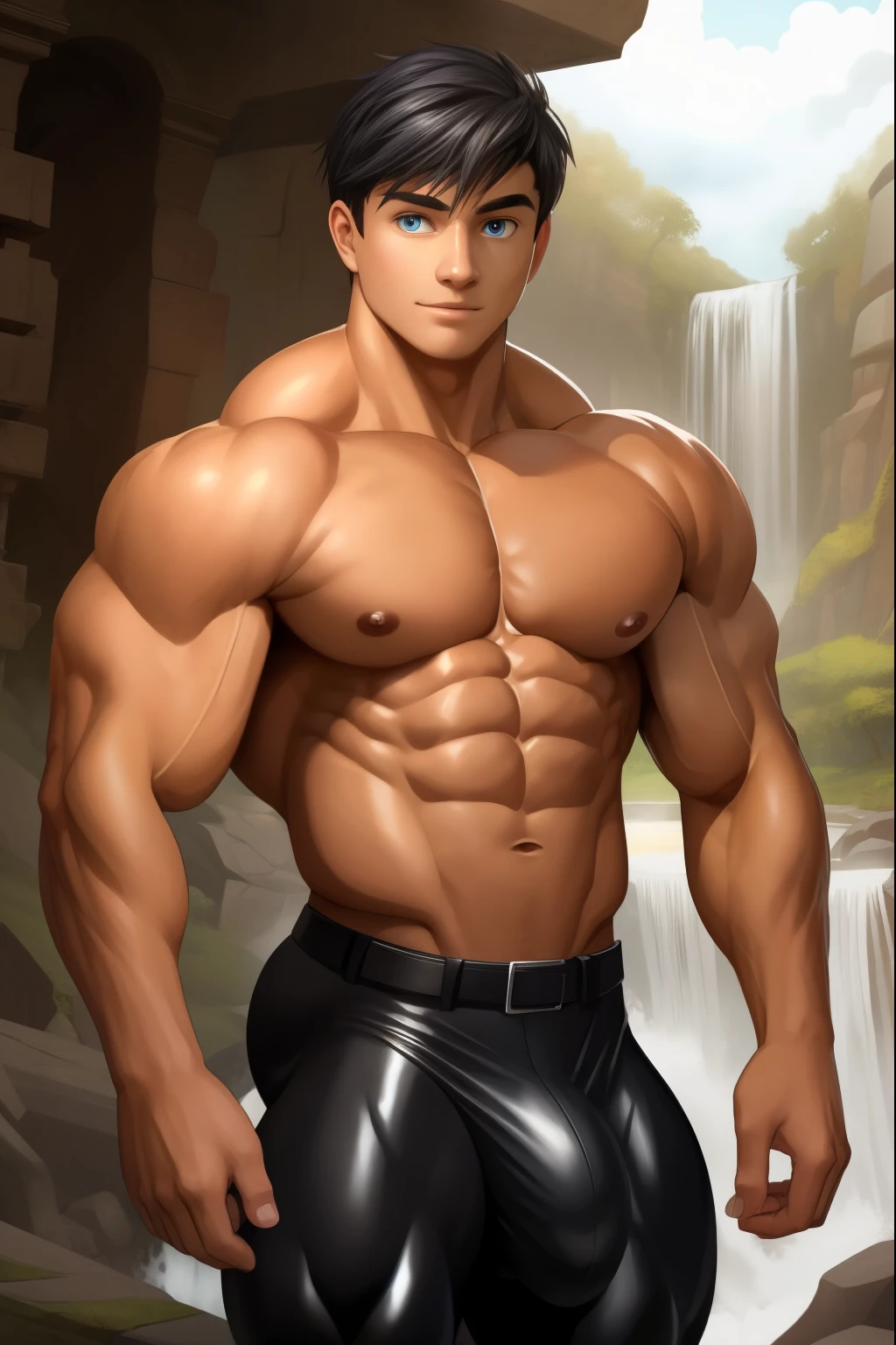 A  ( face) 15 y years old) very attraexican ethnicity. tanned skin, jet black hair, short hair bangs that fall on both sides of his youthful face. carefree expression, young man, alone, marked muscles, beautiful musculature, aesthetic stretch marks, inspiring physique, slender muscles, square pecs, beautiful V-cone, excellent abs and torso, chiseled abs, pectorals chiseled, with his military haircut and voluminous neck, narrow waist, bare chest, shirtless, topless, blue eyes, young face, beautiful, young. Teen muscular young bodybuilder with extraordinary and firm back, chiseled muscles, rhomboid muscles, latissimus dorsi. Gigachad. He is wearing tight black compression fabric pants. cloth belt (Very tight clothing, Cloth trousers) bare chest, Ruins of a Jedi temple with river and waterfalls background. Cloth trousers. (((Back))) huge firm muscular thighs, round buttocks and round butt with back, huge ass ((huge buttocks))