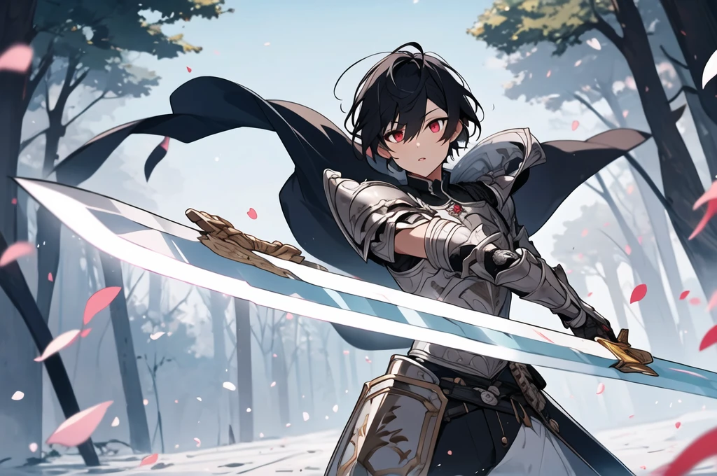 
black haired,1 boy,very detailed, high quality,masterpiece, 最high quality, For rental,intricate details, extreme details, 4k,disorganized,Detail view,High resolution, anime screenshot, fantasy, knight,paladin,gorgeous detailed armored dress, gauntlet, capelet, greaves,breastplate,pauldron, cuff, full armor, jewelry, meanwhile, sunrise stance, (with a sword:1.3), hold a weapon, sacred aura,holy long shining sword,particles of light, dark red eyes, translucent hair, bangs, short hair, shaggy hair,,alone, thin,parted lips, tsurime, long eyelashes, compensate,eye shadow, Severe, Petals fluttering in the air, zoom out,wide shot, Depth of the bounds written ,moving line, outdoor,city,forest, looking at something else