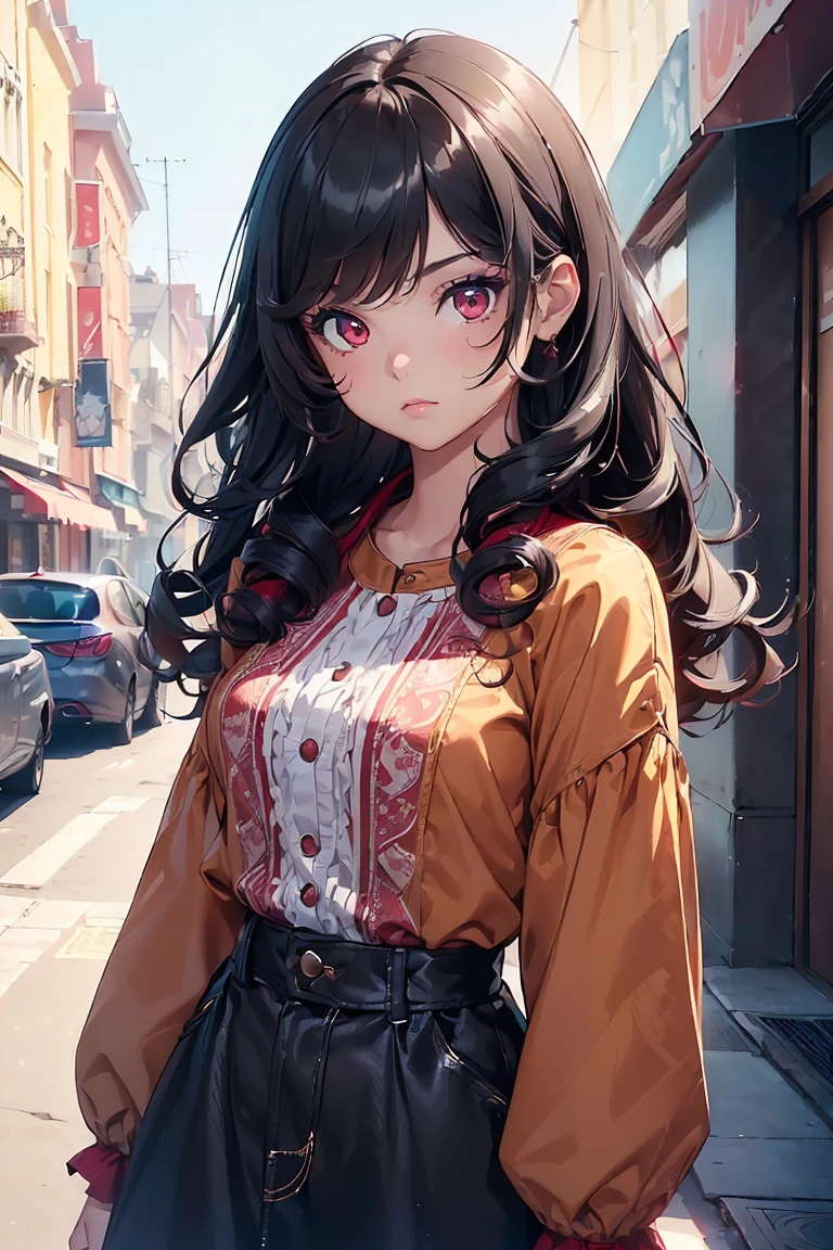 ((1 girl)), latest trend clothes, cute clothes,stylish fashion, jump ,wavy hair, cowboy shot,((Super detailed,highest quality, High resolution, 8k wallpaper, beautiful clothes,)),((black hair,red inner color, curly hair)) (red eyes),eye shadow, eyeliner,Glow eye, cheek, beautiful eyes, 18 year old girl.