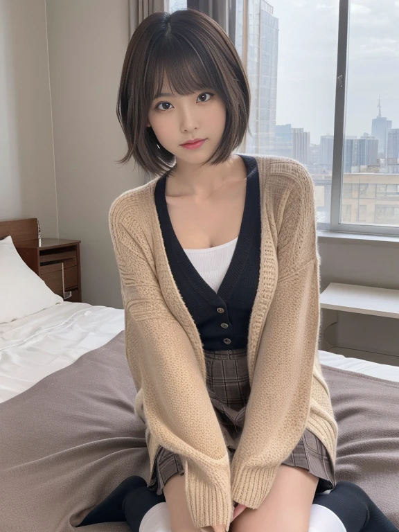 muste piece, best quality, illustration, Super detailed, fine details, High resolution, 8K,wall paper, perfect dynamic composition,(Details High quality, realistic depiction of eyes:1.3), (Fashionable、Beige oversized sweatshirt、long-sleeve), Lying down, short bob hair, black hair color, Big Natural Color Lip, bold sexy pose, crying a little、cold gaze, Harajuku style、20 year old girl、cute type、ta、beautiful legs, hotel room, hposing Gravure Idol, Voluptuous thighs