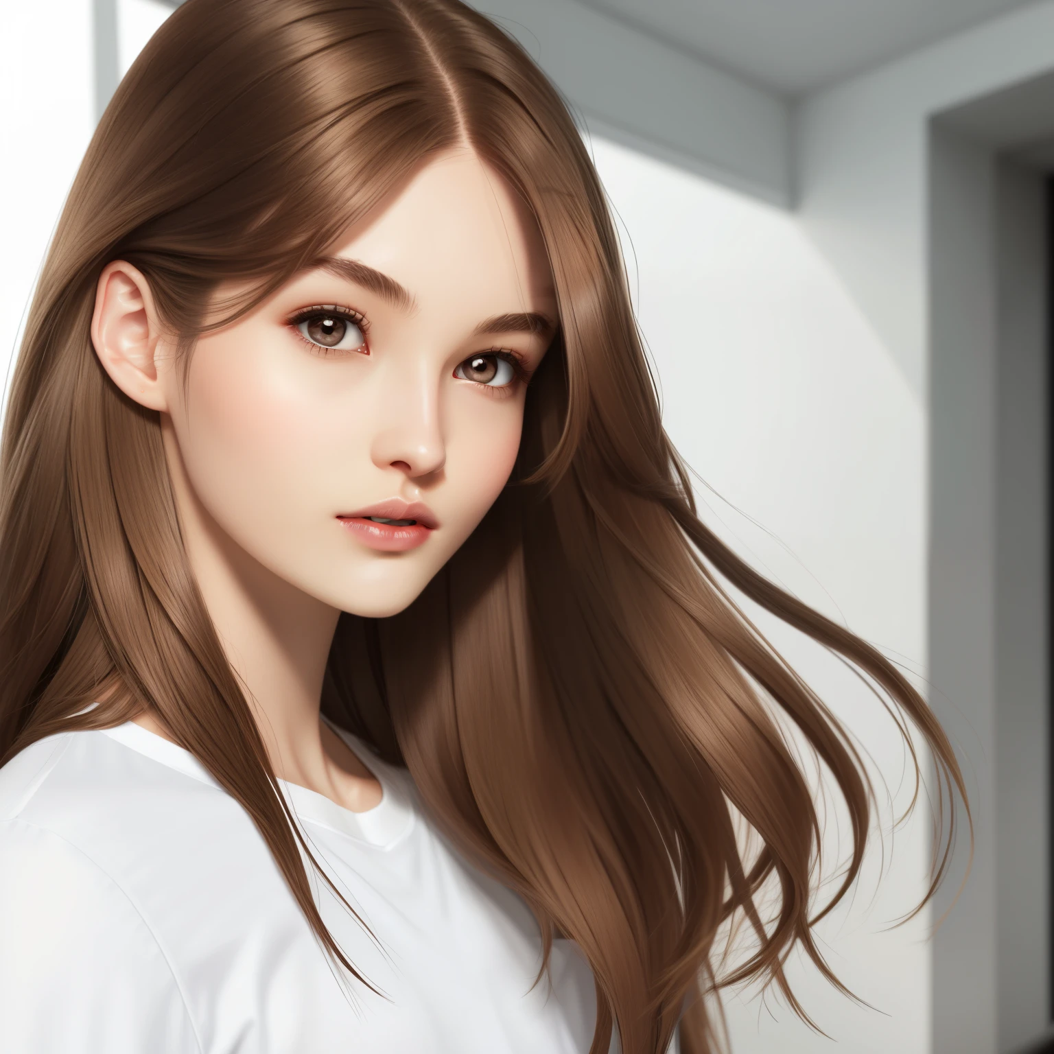 Girl, long brown hair, gray eyes, sharp features, white skin, pink lips, black shirt