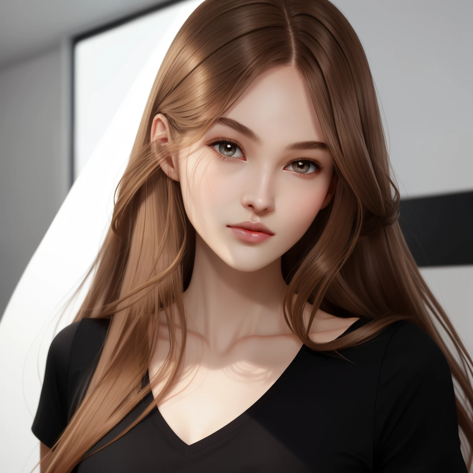 Girl, long brown hair, gray eyes, sharp features, white skin, pink lips, black shirt