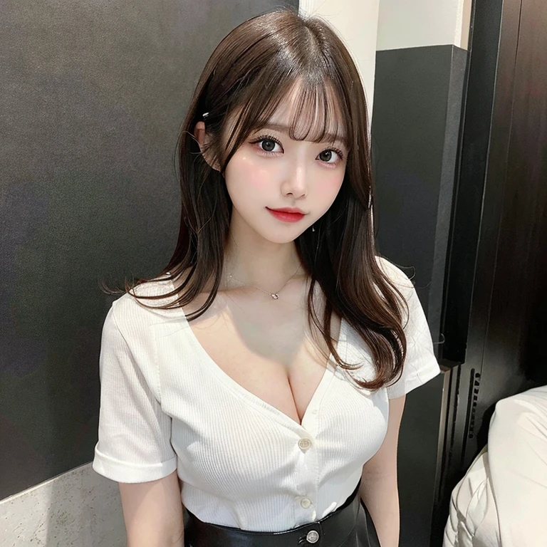 She is wearing a white button-up shirt, no bra, very beautiful cleavage, beautiful vagina, no panties, very beautiful crotch, very beautiful eyelashes, very beautiful tear bags, very beautiful brown hair, model-type Japanese girlfriend, Japanese girl, background hotel, girl wearing a black leather tight miniskirt, open. She's got legs, she's wearing a white button-up shirt, she's got no bra, she's got really nice cleavage, she's got no panties, she's got really nice crotch, she's got really beautiful eyelashes, she's got really beautiful tear bags, she's got leather. She is wearing a tight black miniskirt. She has her legs spread. Red face. Smile. Brown hair. Has bangs. Ulzzang hair. NSFW.