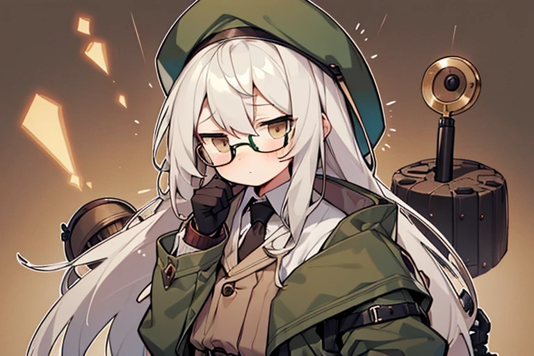 long ahoge,shirt,White hair,Brown eyes,circle-glasses,Brown tie,brown skirt,dark green beret,Dark green jacket,girl with,steampunkai,sleepeace,retro city background,#jitome#concept