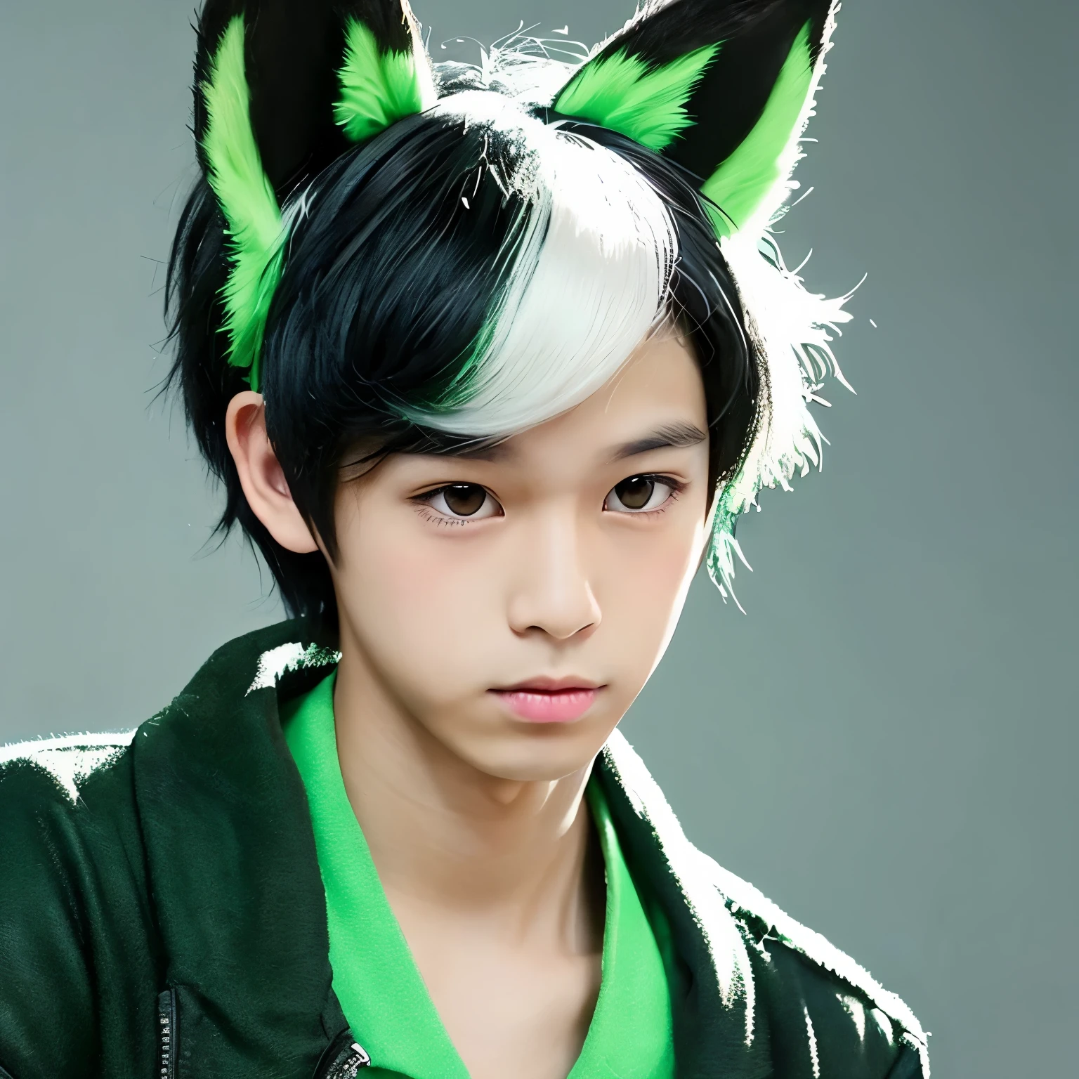 With fox ears、It's cute、Please draw an illustration of a boy with black hair and green sideburns in a subculture style。