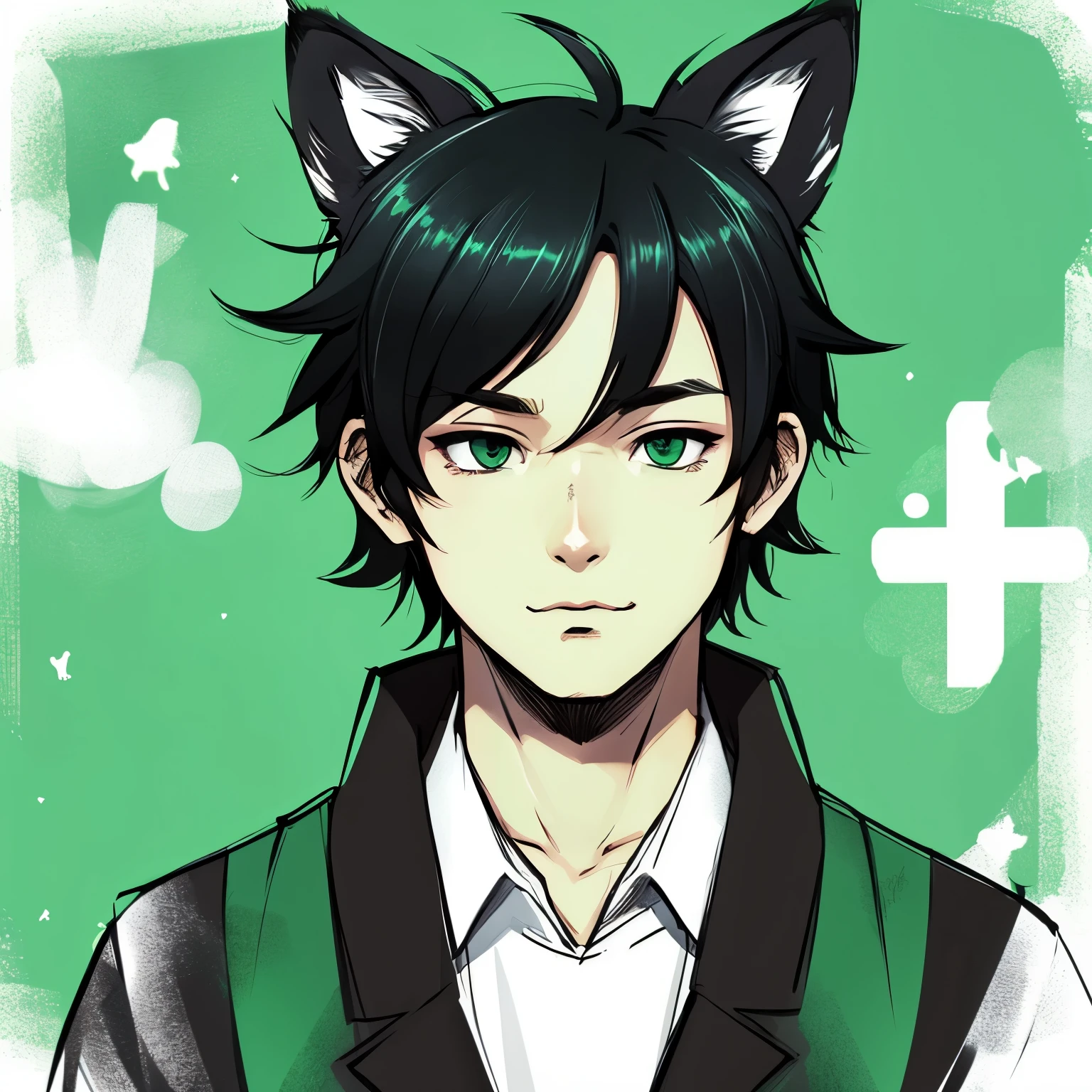 With fox ears、It's cute、Please draw an illustration of a boy with black hair and green sideburns in a subculture style。