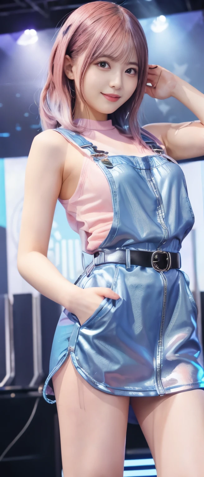 Gorgeous Cyber Idol Girl、、Shiny blue overalls mini dress、、、good style、whole body、、shiny belt、、pink hair、