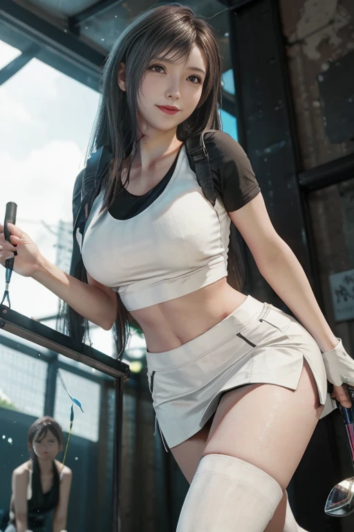 Ff7r,tifa,tifa lockhart、Blissful smile、((nude: 1.3)) naked、、grass、sweating、Are standing、(((long legs、thighs thighs thighs)))、Sunscreen、blonde、long hair、cleavage、1 girl ,perfect golf game,Fresh breast,convex buttocks,pastel sports short sleeve,(((White Tight Short Skirt))),white sports socks,white shoes,wet body,swing a golf club,Golf course,sunny day, cloud, detailed background, Garment Details, perfect proportions, film grain, Fuji color, contrast of light and shadow, master piece, high detail, high quality, High resolution, cinematic lighting, 8K, rough skin, Super detailed、Angle from below