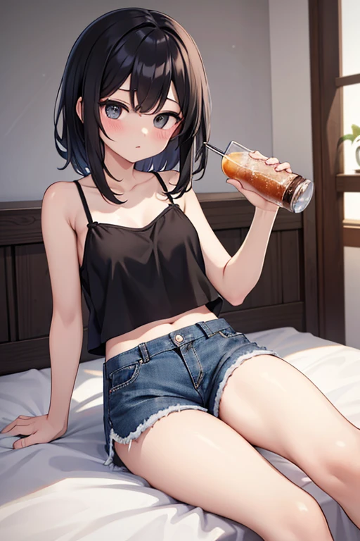 black medium hair、black eye、、camisole、shorts、on the bed、Western-style room、drinking an iced drink in a glass