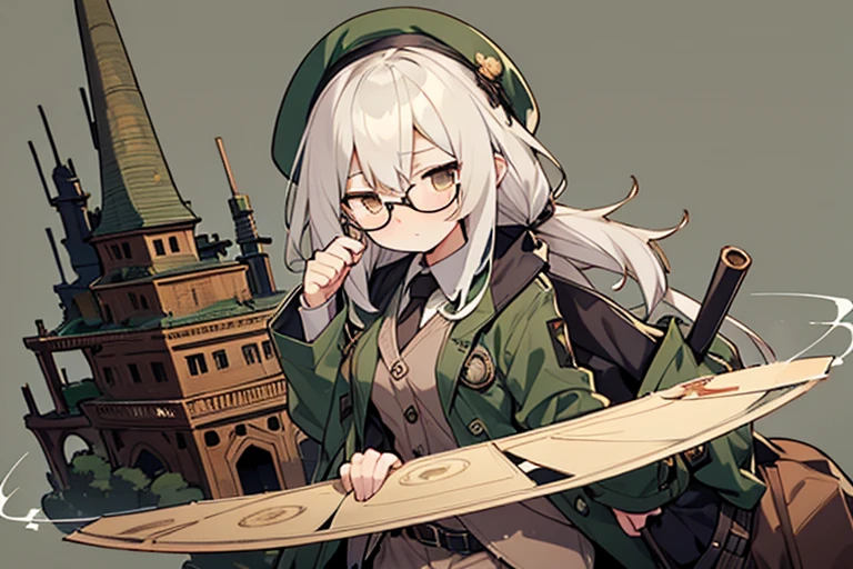 long ahoge,shirt,White hair,Brown eyes,circle-glasses,Brown tie,brown skirt,dark green beret,Dark green jacket,girl with,steampunkai,sleepeace,retro city background,#jitome#concept