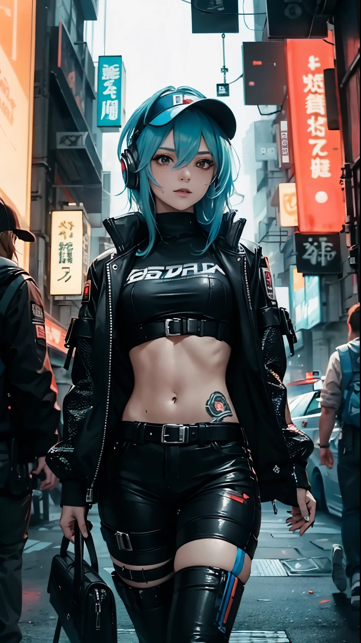 ((Best Quality)), ((Masterpiece)), mature, perfect eyes:1.2, holding a machine gun, detailed eyes:1.4, ((freckles)), woman, hightech visor, high tech, hacker, irezumi, tattoo, techwear, headphones, messy hair, multicolored hair, green hair, black jacket, gradient hair, leather clothes, (machine gun), (High Definition:1.3), 3D, Beautiful (Cyberpunk:1.3), Colored hair, militar, black clothes looking at camera, hacker woman, sticking out, sexual, seduction, neo tokyo