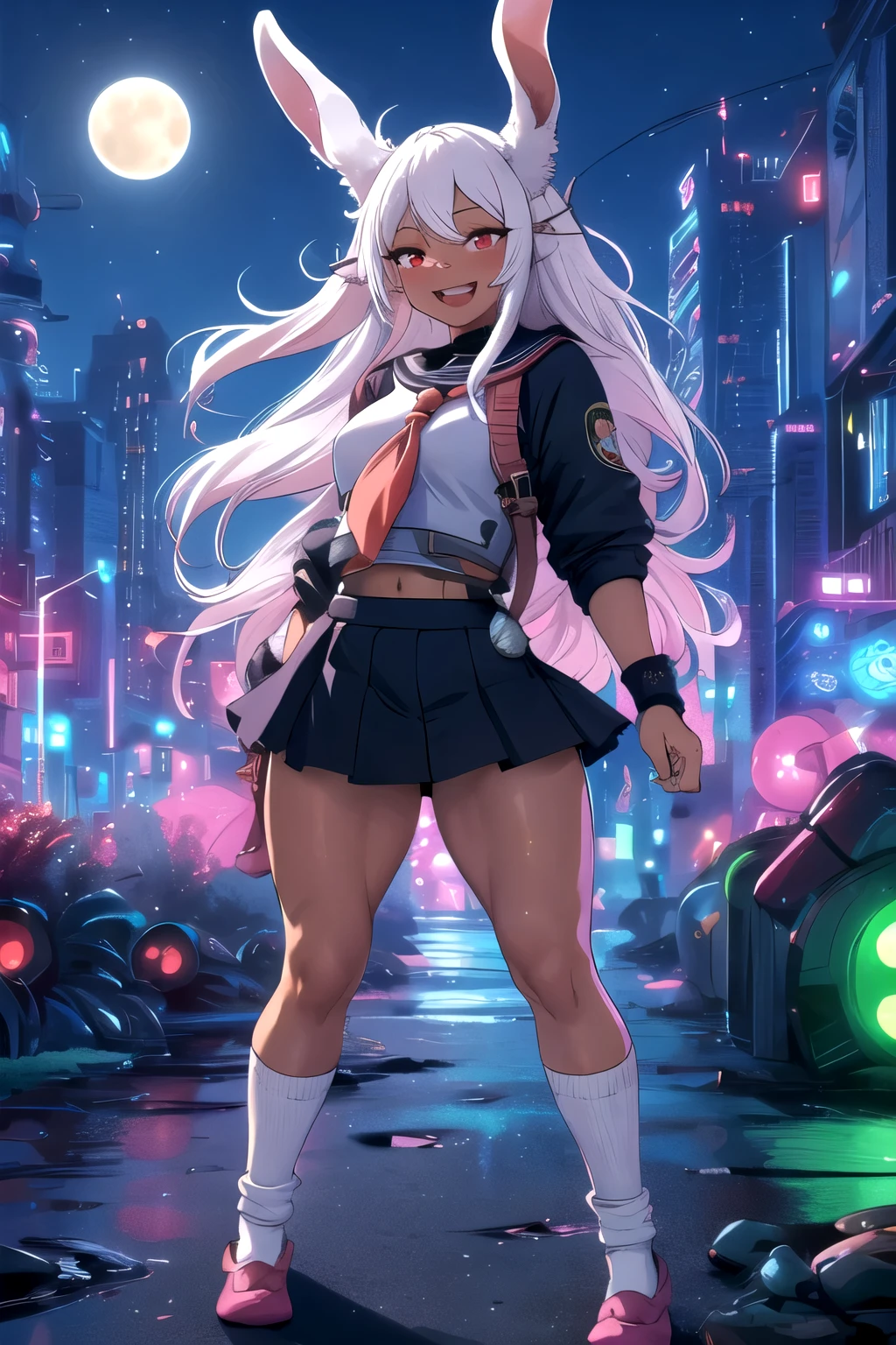 ((masterpiece)), (best quality), official art, extremely detailed CG, unity 8k wallpaper, ultra detailed, highly detailed, detailed background,
mirko mha, 1girl,  solo, dark-skinned female, dark skin, rabbit girl, muscular female, animal ears, rabbit ears, muscular, abs, red eyes, long eyelashes, superhero,  white hair, very long hair, parted bangs,
blush, smile, :d,  open mouth,
, serafuku, (baggysocksplain:1.3),
(skiny:1.2), (thin thighs:1.2), full body,in apark,night time,moon,neon lights
