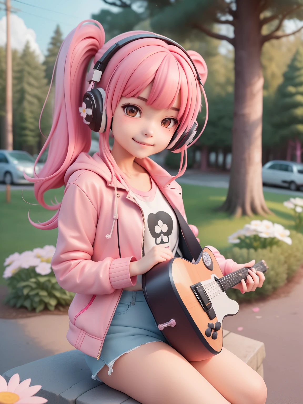 anime style by Hayao Miyazaki and Makoto Shinkai, ultra detailed 1 very cute tomboy chibi girl smiling with bright eyes with pink hair and blushed, flower, outdoors, playing guitar, music, holding guitar, leather jacket, :3, shirt, long pinkhair in one side ponytail, pine trees, pink hair, blushed, long sleeves, bangs, headphones, flowers, beautiful detailed face, high resolution, 32k resolution, best quality