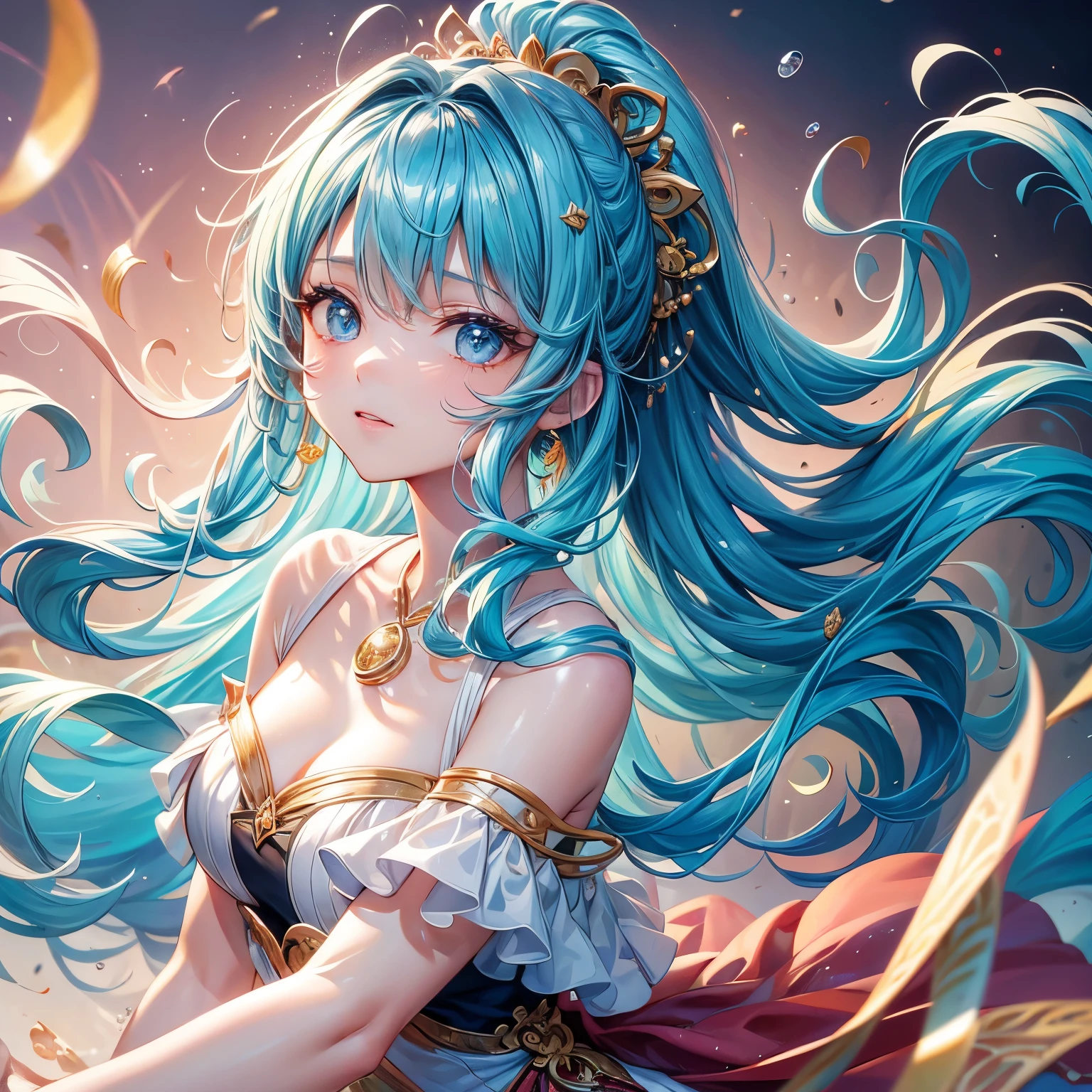 (masterpiece:1.5),(Beat quality),(high res),1girl solo,beautiful face,smile(shining eyes),upper body,light effects,Blue dress blue hair woman