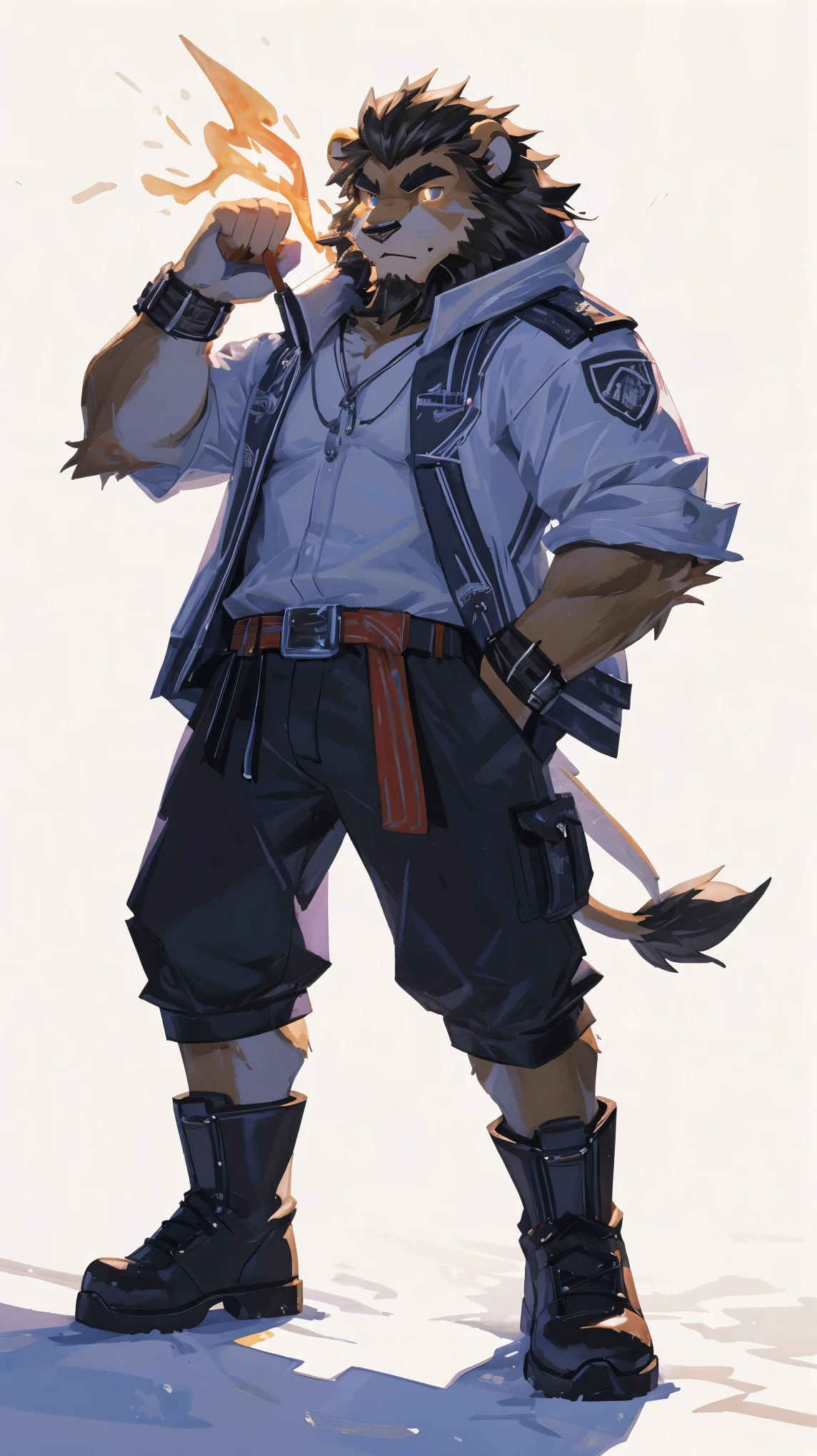 (masterpiece:1.2), best quality,pixiv,official art,perfect anatomy, (Ray tracing, light),solo, (1_male:1.3) , (muscle), (dynamic poses:1.3), (ultra deTailed), sharp focus, Negi, eyes, (glowing golden eyes), short hair, short fur, (brown fur:1.4),(muscle lion), (beard:1.2),lion Tail, Thick eyebrows,Workwear, cargo shorts, boots, ultra deTailed face, high deTails, high quality, (best quality,4K,8K,high resolution,masterpiece:1.2),bright colors, jumping, reach hand, (white background:1.3), (light flow:1.3)