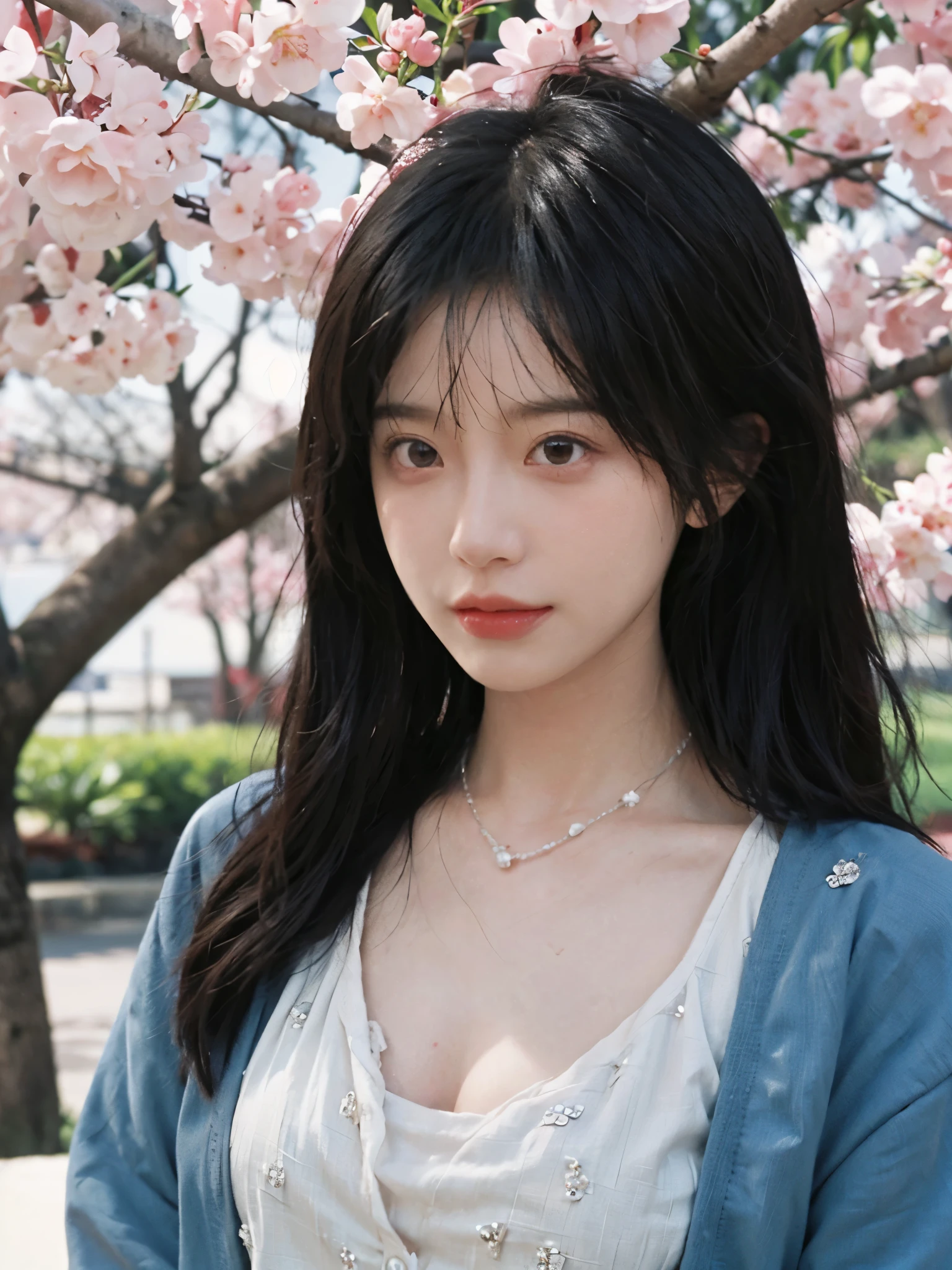 best quality， ultra high resolution， （realistically：1.4）， Cute tiara，Baoyu Girl， A pair of clear and charming peach blossom eyes,Royal sister，The sun shines on the face，Long curly hair，（under the cherry blossom tree：1.4），（necklace：1.2），（White skin：1.4），（Full body female love：1.2）a sense of atmosphere，a beautiful girl，looking directly at the viewer， Close-up cleavage ，(lifelike:1.4),1 girl,Sexy,(Upper body:1.4),(wet),(:1.2)