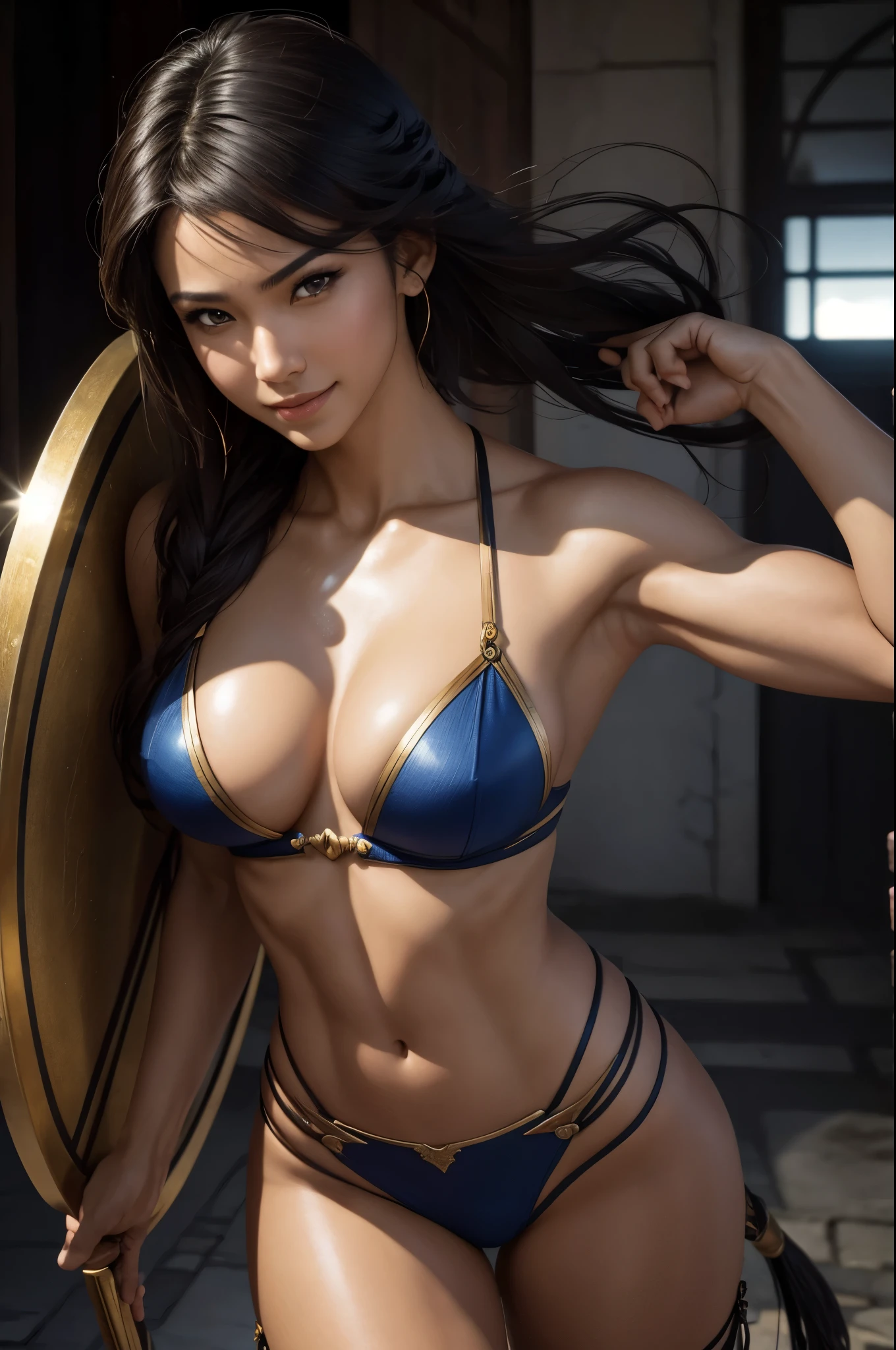 8K,exotic attractive female warrior,Super beautiful(like the real thing),sexyなビキニ,beautiful expression,grim expression,masterpiece,Photorealistic RAW photos of the highest quality。bright colors,rich colors, Backlight, cinematic lighting, film grain, to be born, 50MM lens, Nikon D850,super realistic skin,fantasy art,character art,ultra high resolution,realistic scale skin,Perfect hand shape,view audience,smile,beautiful expression,Close-up,muscular slim body,Makeup,sexy,dynamic pose,Close-up,emphasize cleavage,whole body,tanned skin,southern warrior,Equipped with a long and large spear,He is carrying a round shield on his left arm.,action pose,dynamic pose,perspective from above,