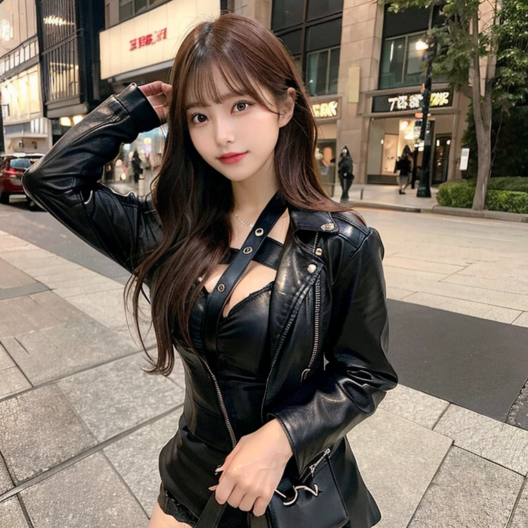 A girl wearing a black leather jacket, no bra, very beautiful cleavage, no panties, a beautiful vagina, a very beautiful crotch, very beautiful eyelashes, a very beautiful tear bag, a very beautiful brown-haired girl, a model Japanese girl, a Japanese girl, a hotel in the background, a girl with her legs spread, black She's wearing a tight leather miniskirt, she's wearing a black leather jacket, she's wearing no bra, she's got really nice cleavage, she's wearing no panties, she's got really nice crotch, she's got really beautiful eyelashes, she's got really beautiful tear bags. has her legs spread. She is wearing a tight black leather miniskirt. Smiling. Red face. Brown hair. Has bangs. Ulzzang hair. NSFW.