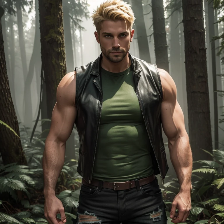 30-year-old man, leather vest, green shirt, ripped black jeans, green eyes, Latin skin, messy blonde hair, looking straight at the viewer, muscular complexion in a forest with fog