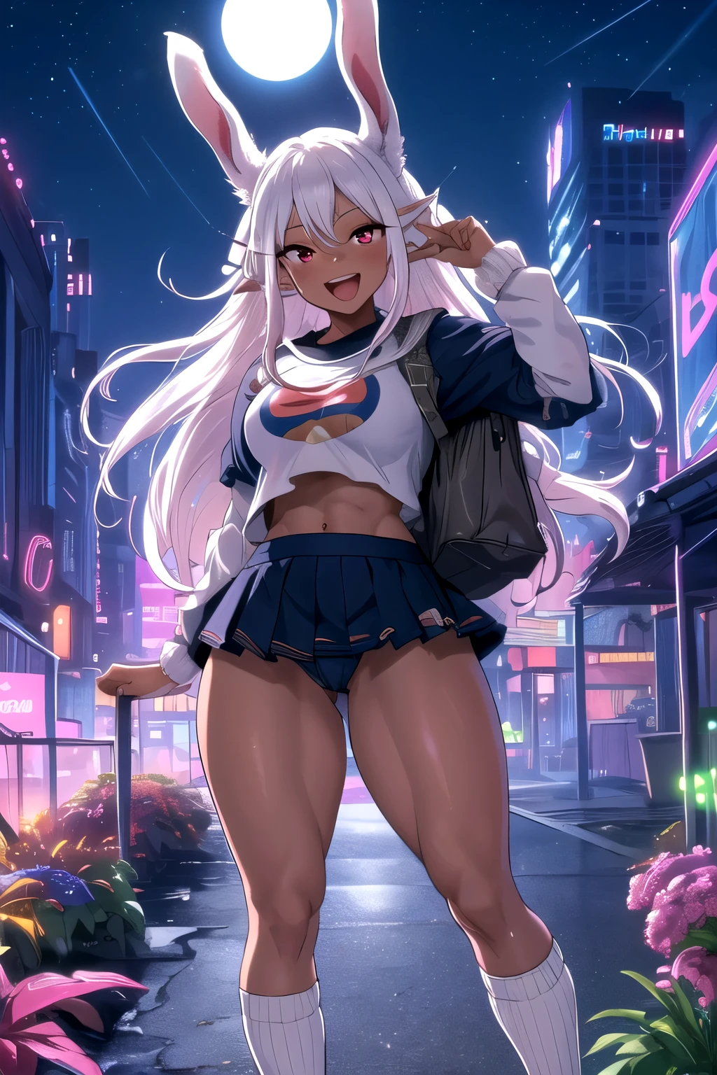 ((masterpiece)), (best quality), official art, extremely detailed CG, unity 8k wallpaper, ultra detailed, highly detailed, detailed background,
mirko mha, 1girl, solo, dark-skinned female, dark skin, rabbit girl, muscular female, animal ears, rabbit ears, muscular, abs, red eyes, long eyelashes, superhero, white hair, very long hair, parted bangs,
blush, smile, :d, open mouth,
, serafuku, (baggysocksplain:1.3),
(skiny:1.2), (thin thighs:1.2), full body,in apark,night time,moon,neon lights