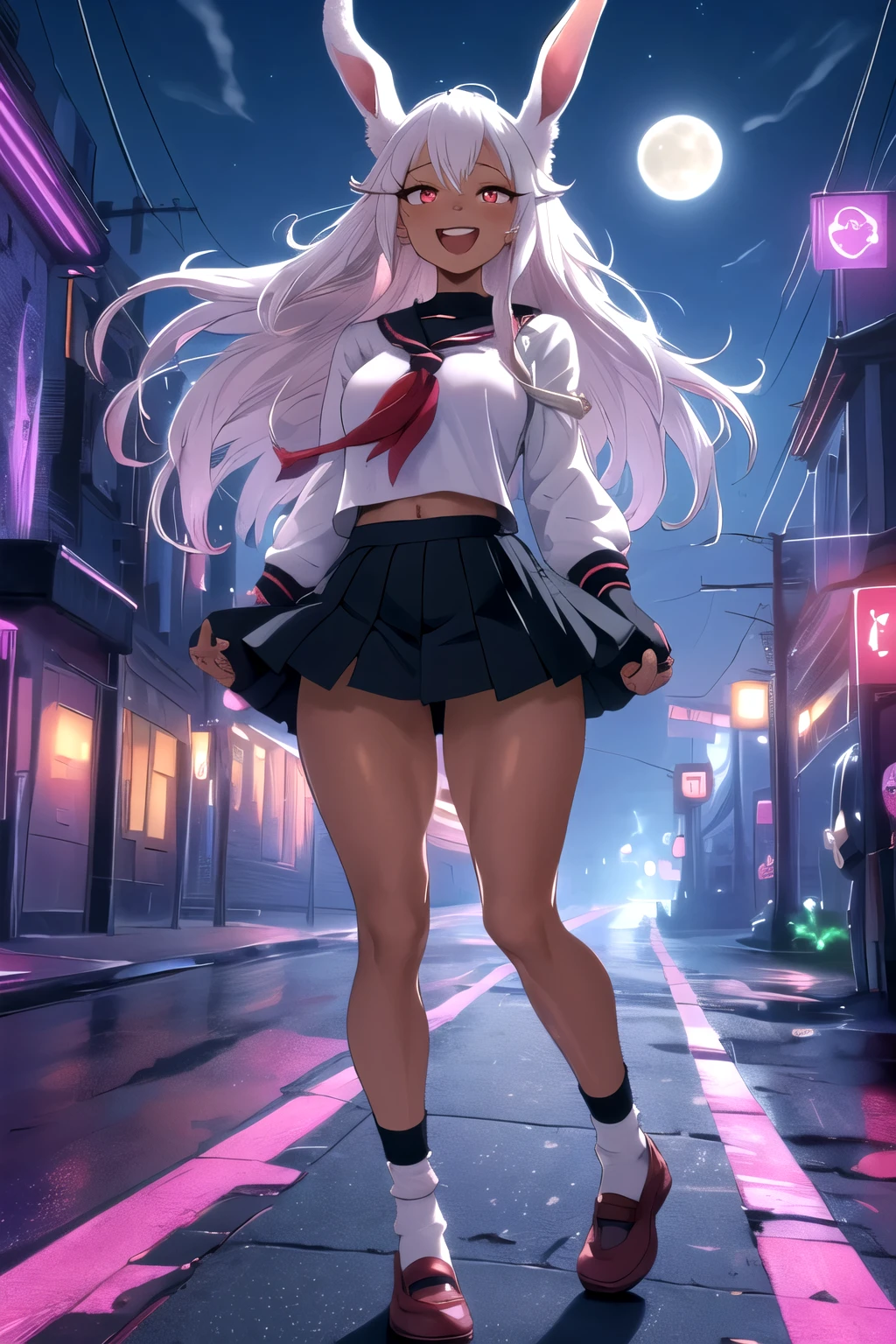 ((masterpiece)), (best quality), official art, extremely detailed CG, unity 8k wallpaper, ultra detailed, highly detailed, detailed background,
mirko mha, 1girl,  solo, dark-skinned female, dark skin, rabbit girl, muscular female, animal ears, rabbit ears, muscular, abs, red eyes, long eyelashes, superhero,  white hair, very long hair, parted bangs,
blush, smile, :d,  open mouth,
, serafuku, (baggysocksplain:1.3),
(skiny:1.2), (thin thighs:1.2), full body,in apark,night time,moon,neon lights
