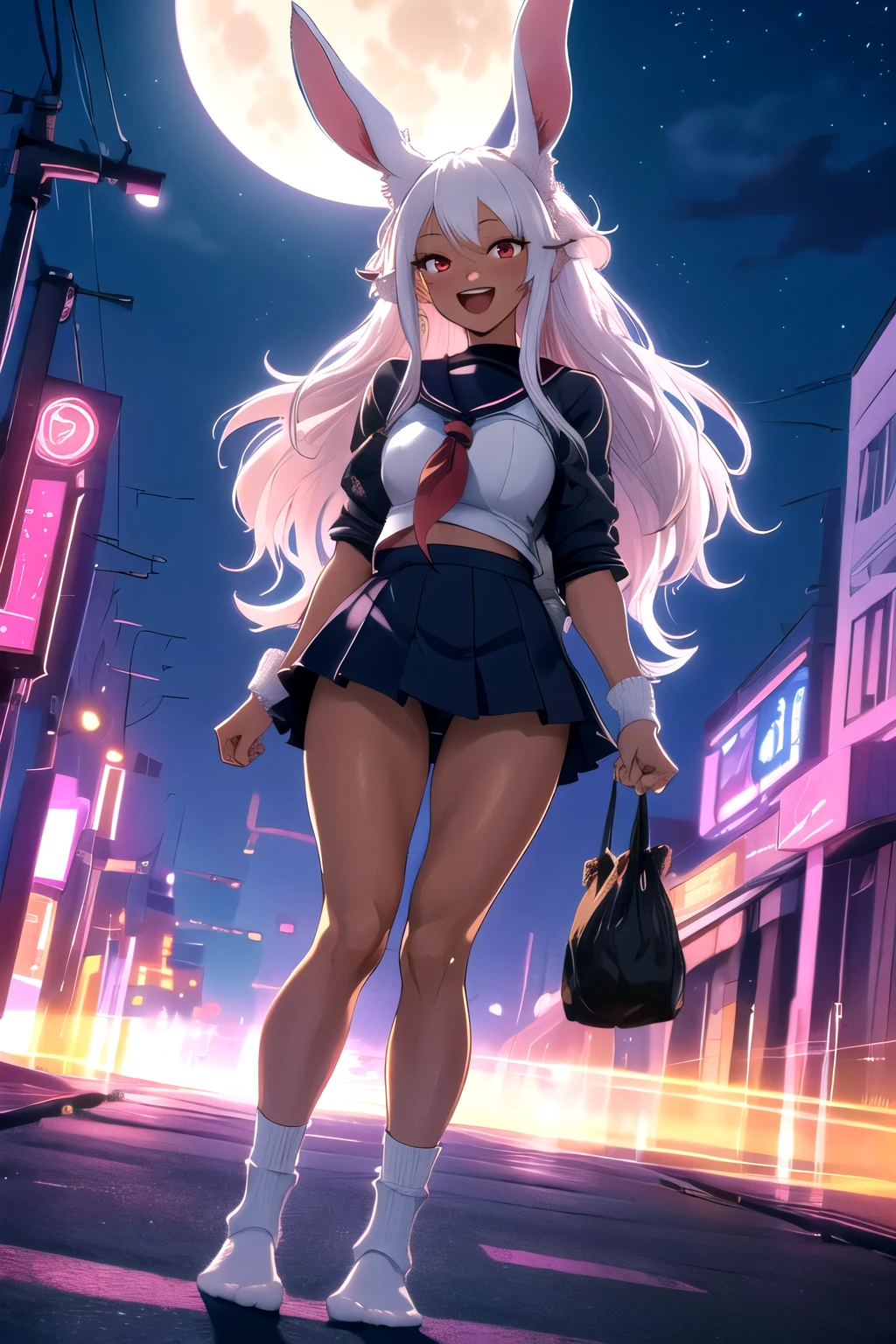 ((masterpiece)), (best quality), official art, extremely detailed CG, unity 8k wallpaper, ultra detailed, highly detailed, detailed background,
mirko mha, 1girl,  solo, dark-skinned female, dark skin, rabbit girl, muscular female, animal ears, rabbit ears, muscular, abs, red eyes, long eyelashes, superhero,  white hair, very long hair, parted bangs,
blush, smile, :d,  open mouth,
, serafuku, (baggysocksplain:1.3),
(skiny:1.2), (thin thighs:1.2), full body,in apark,night time,moon,neon lights
