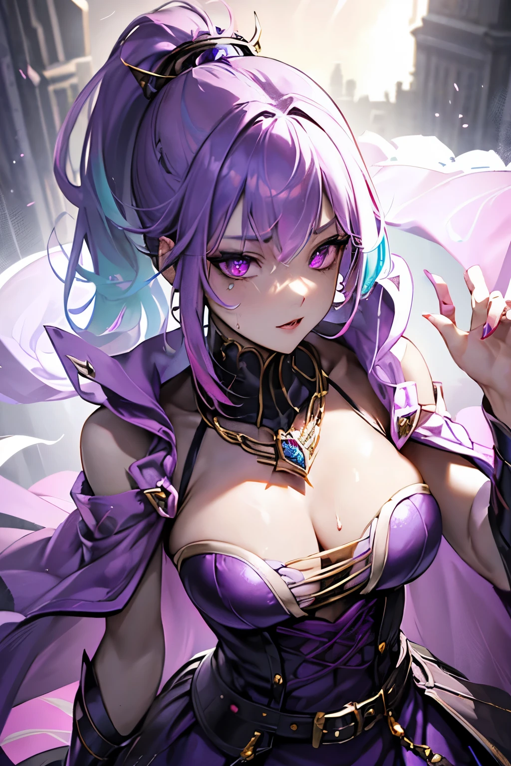 Vampire Queen Small Breast Combat Dress ( Radiant Royal Cloak: 1.1) Black and Purple Color Sexy Devil Aura Original Character Masterpiece Tempting Purple Eyes (Multicolor High Ponytail 1:1.2) Purple Gemstone Accessories Gold Belt, Gold Necklace, Wind Evil Effect, Soft Moonlight , extremely delicate beautiful eyes, unique crown, (Corruption Tattoo 1;1.25), naughty face, 16k, gorgeous, bare shoulders, cute, petite, solo, stars, stardust, (iridescent hair, colorful hair, half purple and half pink hair: 1.2), (left eye purple and right eye golden), wet body detailed, creative, charming, killing scenario, floating effect, portrait
