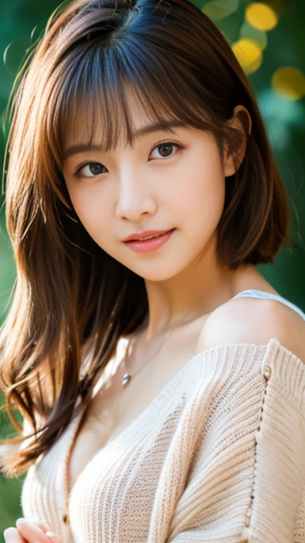 (masterpiece:1.3), (8K, Photoreal, RAW photo, best image quality: 1.4), Japanese high school girl、(random hairstyle:1.2)、cleavage:1.2、super detail face、eye for details、double eyelid、chest to chest、sharp focus:1.2、Beautiful woman:1.4、light brown hair、highest quality、masterpiece、超A high resolution、(Photoreal:1.4)、Highly detailed and professionally lit smiles、loose and light knitwear、show your shoulders、thin、serious expression、short haired、deadly position